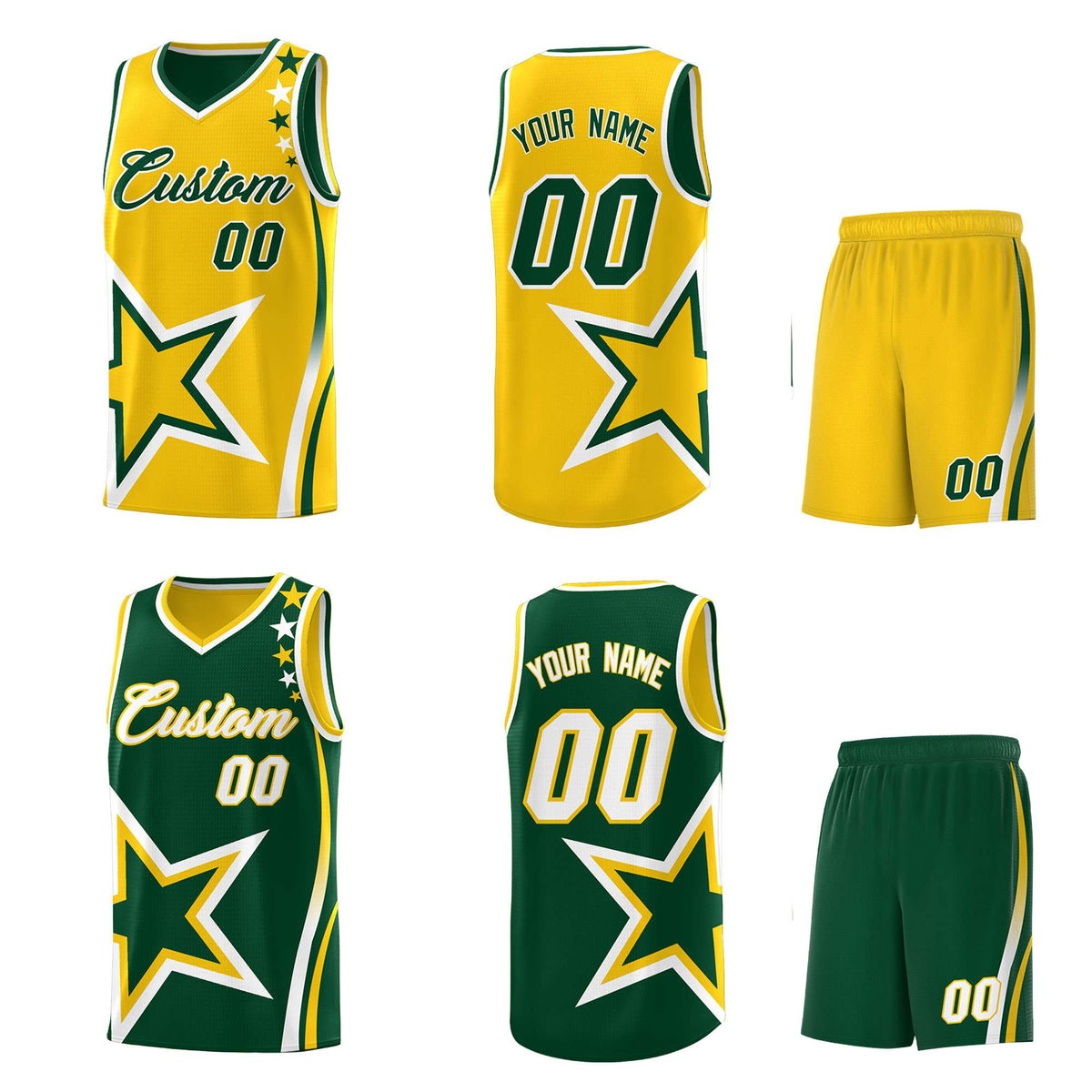 Custom Green Gold Reversible Color Block Start Pattern Sports Uniform Basketball Jersey Kits