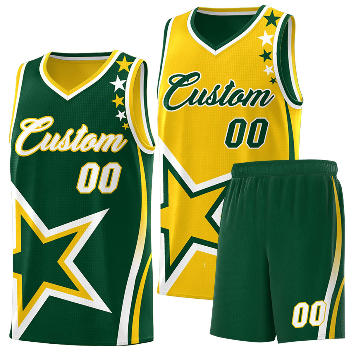 Custom Green Gold Reversible Color Block Start Pattern Sports Uniform Basketball Jersey Kits