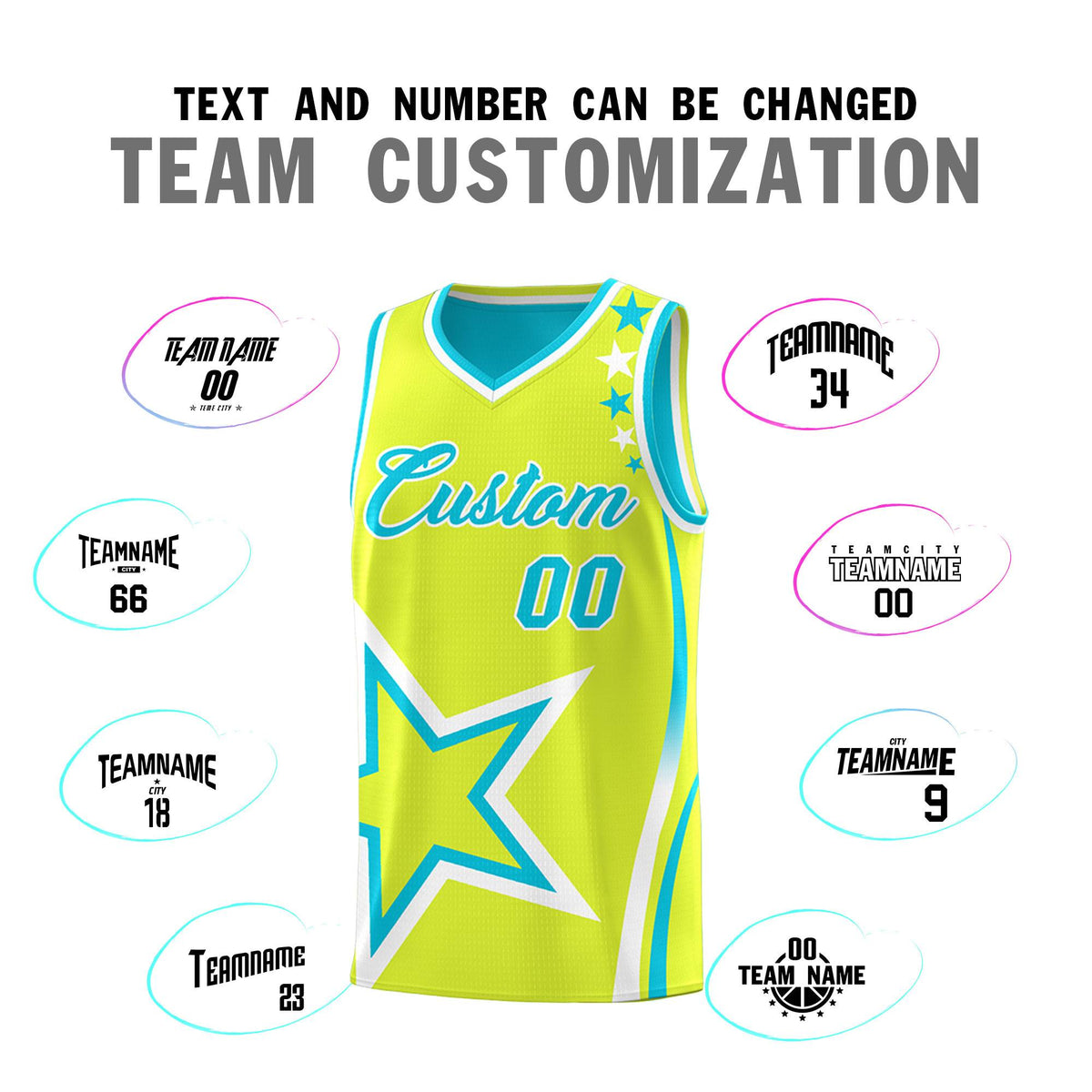 Custom Sky Blue Fluorescent Green Reversible Color Block Start Pattern Sports Uniform Basketball Jersey Kits