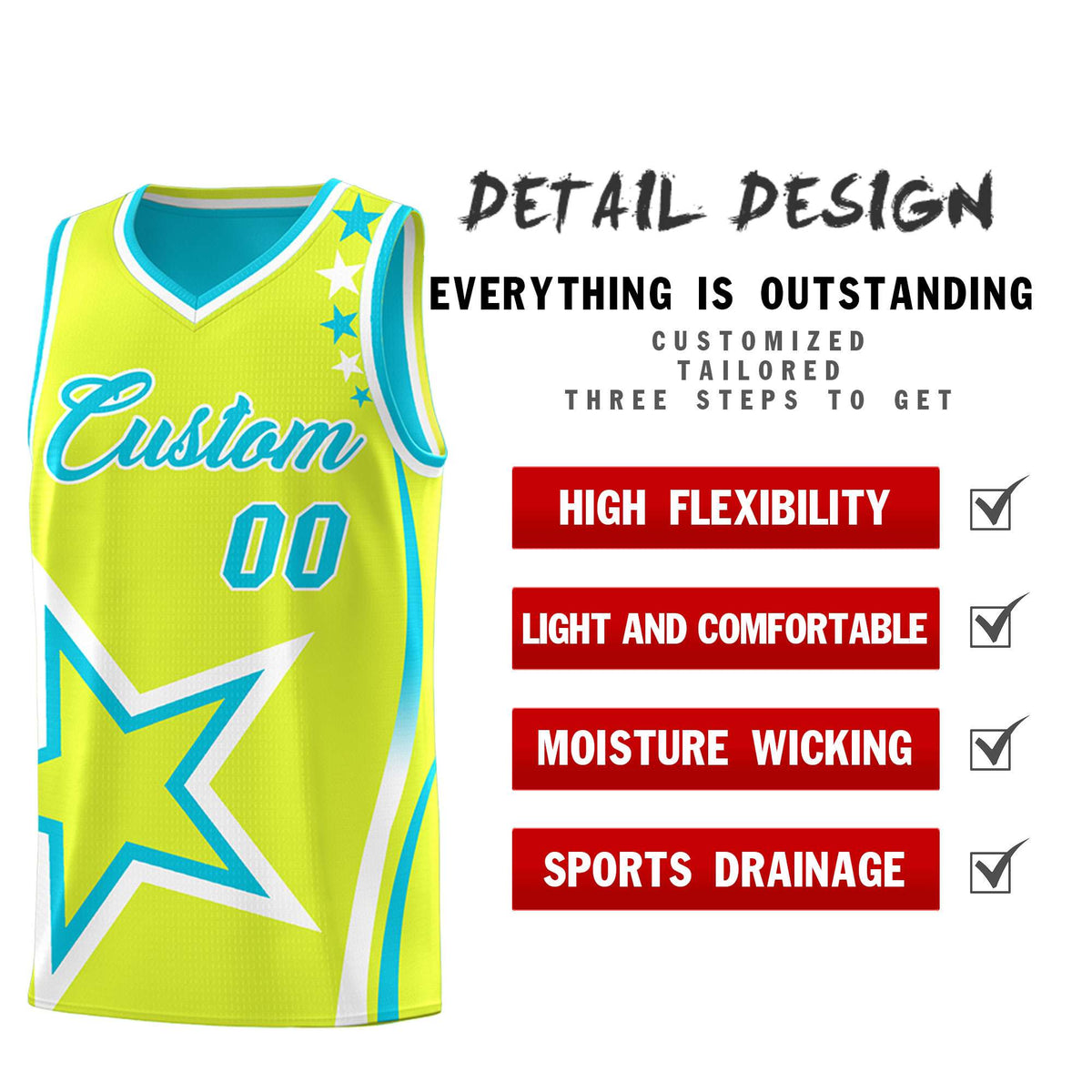 Custom Sky Blue Fluorescent Green Reversible Color Block Start Pattern Sports Uniform Basketball Jersey Kits