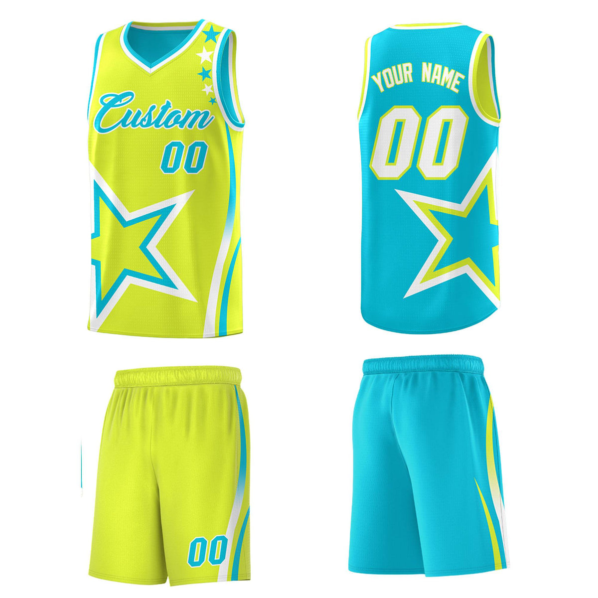 Custom Sky Blue Fluorescent Green Reversible Color Block Start Pattern Sports Uniform Basketball Jersey Kits