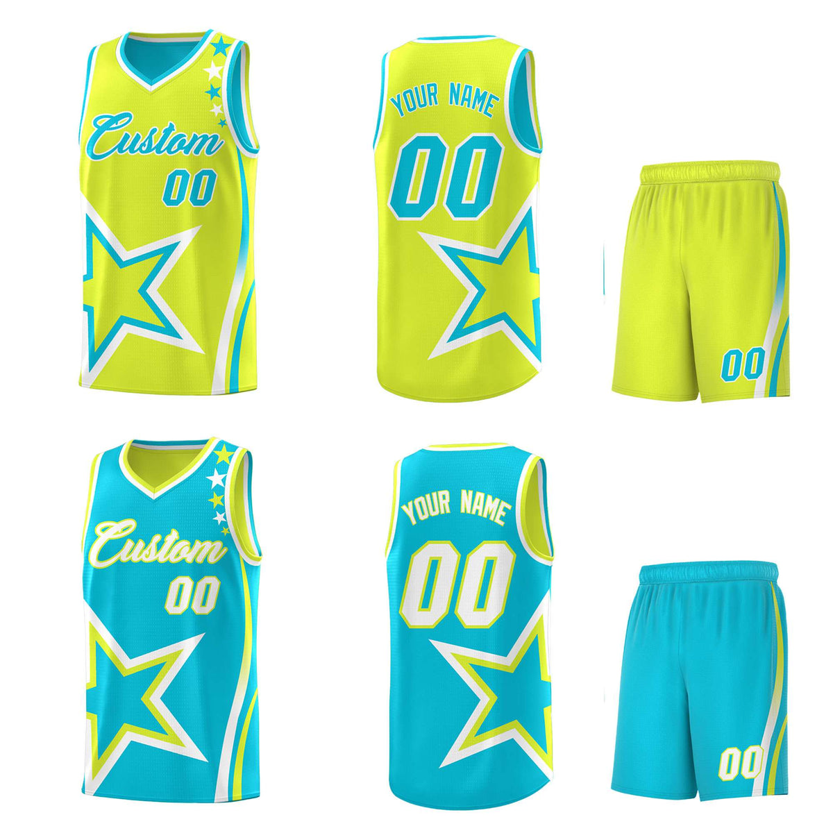 Custom Sky Blue Fluorescent Green Reversible Color Block Start Pattern Sports Uniform Basketball Jersey Kits