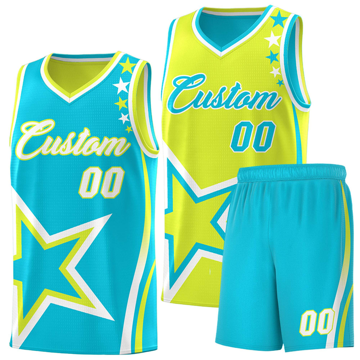 Custom Sky Blue Fluorescent Green Reversible Color Block Start Pattern Sports Uniform Basketball Jersey Kits