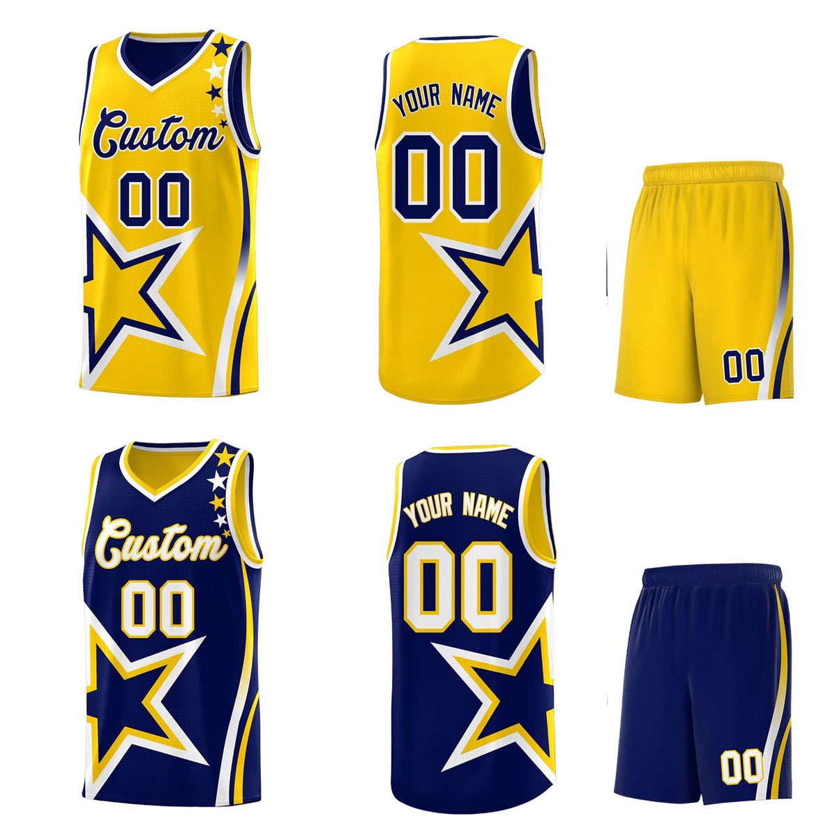 Custom Navy Gold Reversible Color Block Start Pattern Sports Uniform Basketball Jersey Kits