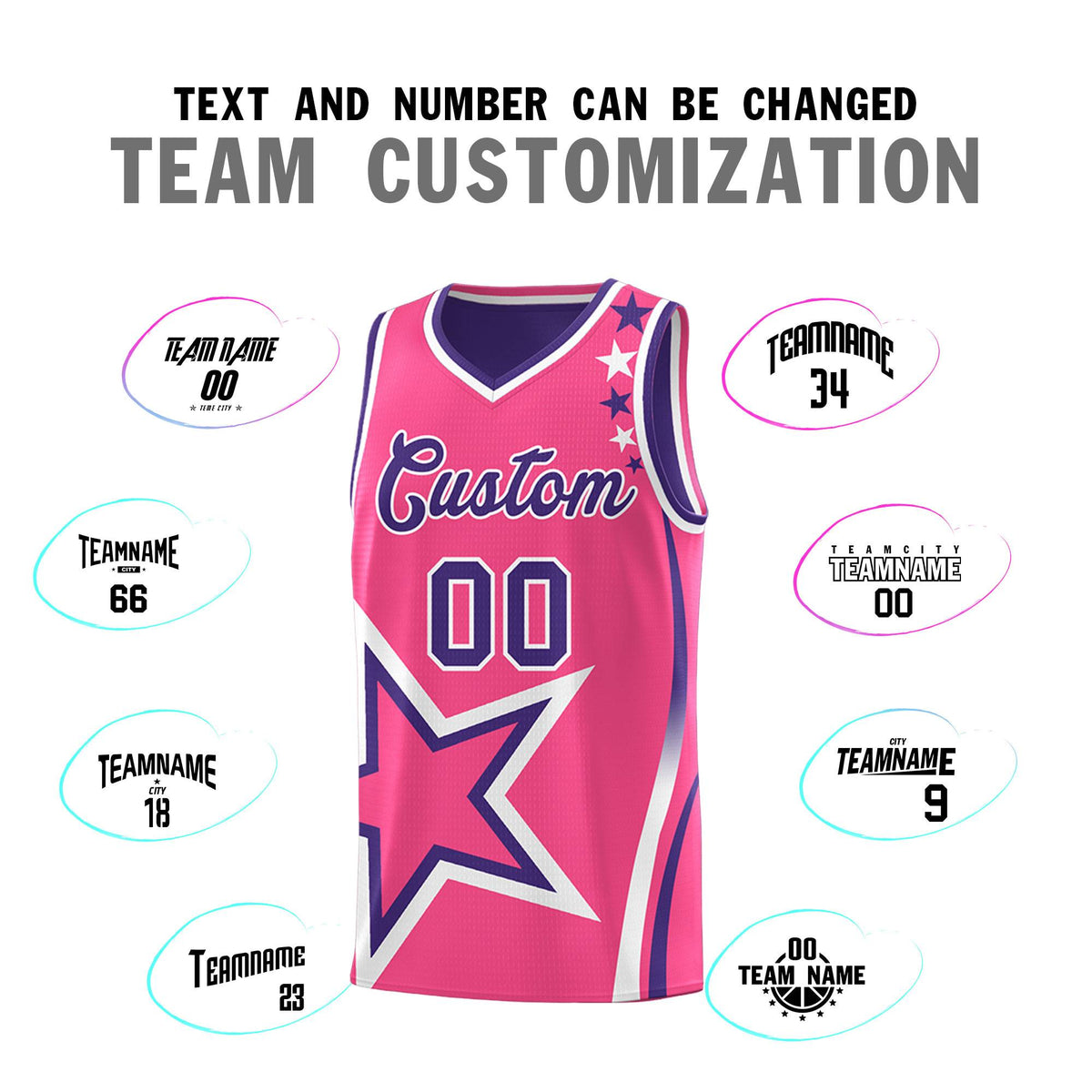 Custom Purple Pink Reversible Color Block Start Pattern Sports Uniform Basketball Jersey Kits