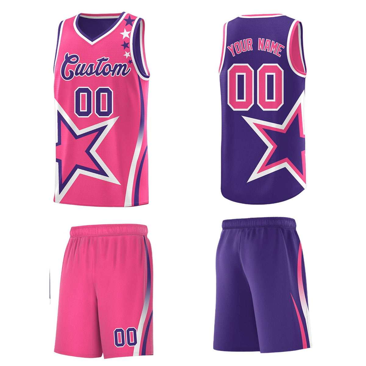 Custom Purple Pink Reversible Color Block Start Pattern Sports Uniform Basketball Jersey Kits