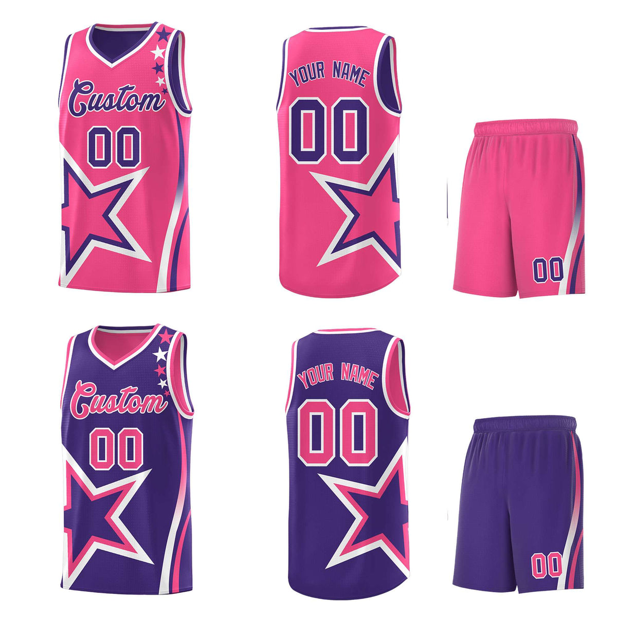 Custom Purple Pink Reversible Color Block Start Pattern Sports Uniform Basketball Jersey Kits