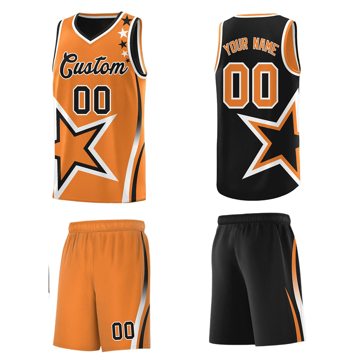Custom Black Orange Reversible Color Block Start Pattern Sports Uniform Basketball Jersey Kits