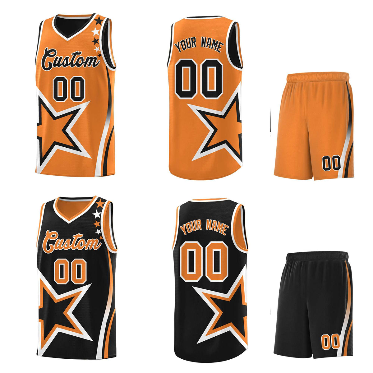 Custom Black Orange Reversible Color Block Start Pattern Sports Uniform Basketball Jersey Kits