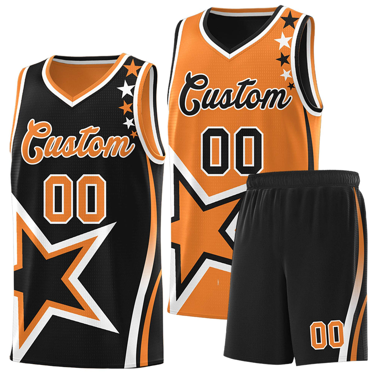 Custom Black Orange Reversible Color Block Start Pattern Sports Uniform Basketball Jersey Kits