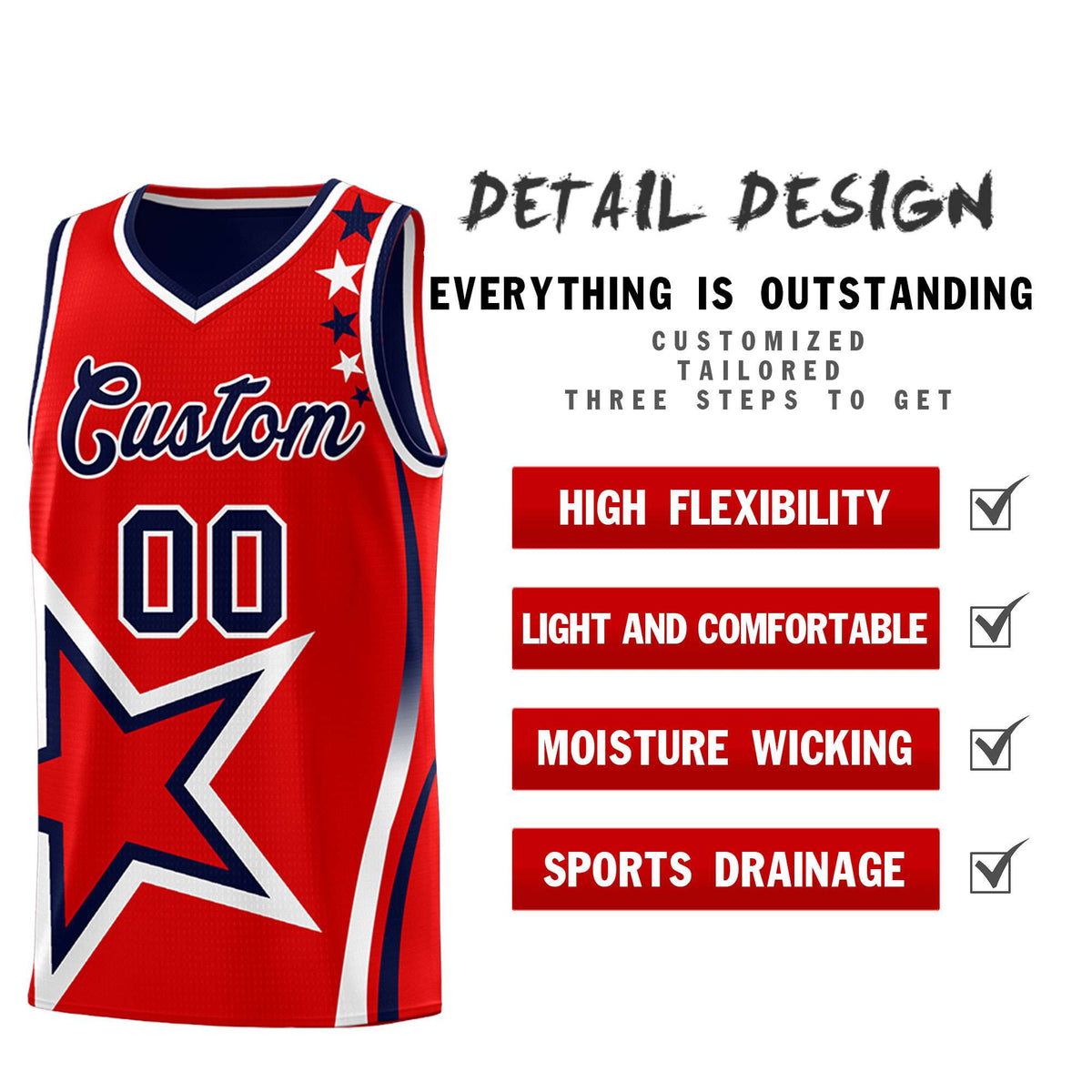 Custom Navy Red Reversible Color Block Start Pattern Sports Uniform Basketball Jersey Kits