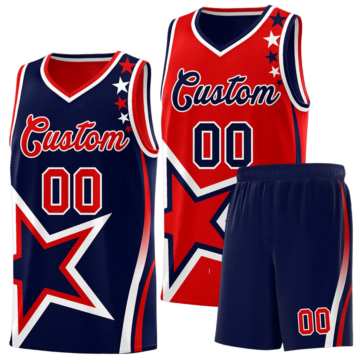 Custom Navy Red Reversible Color Block Start Pattern Sports Uniform Basketball Jersey Kits