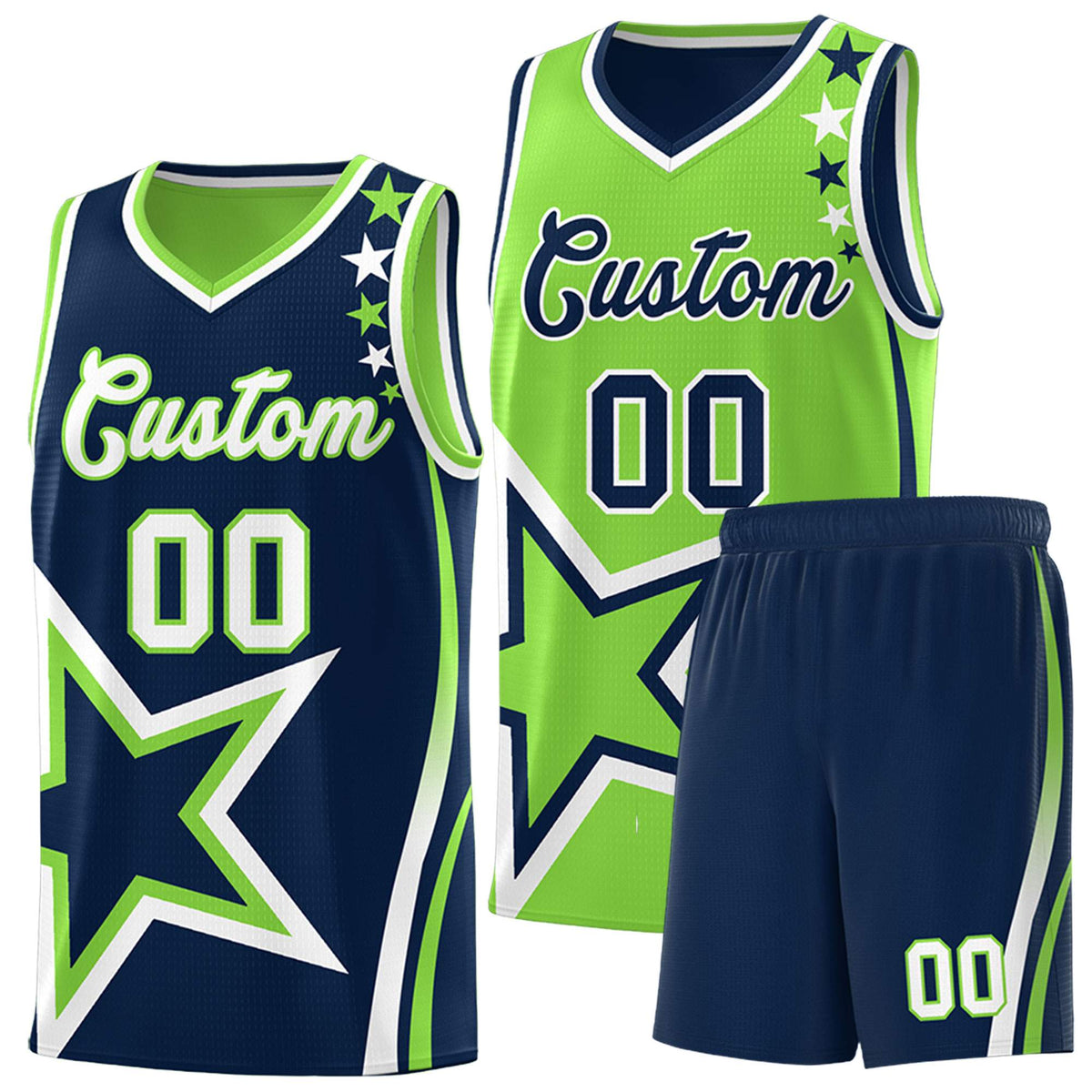 Custom Navy Neon Green Reversible Color Block Start Pattern Sports Uniform Basketball Jersey Kits