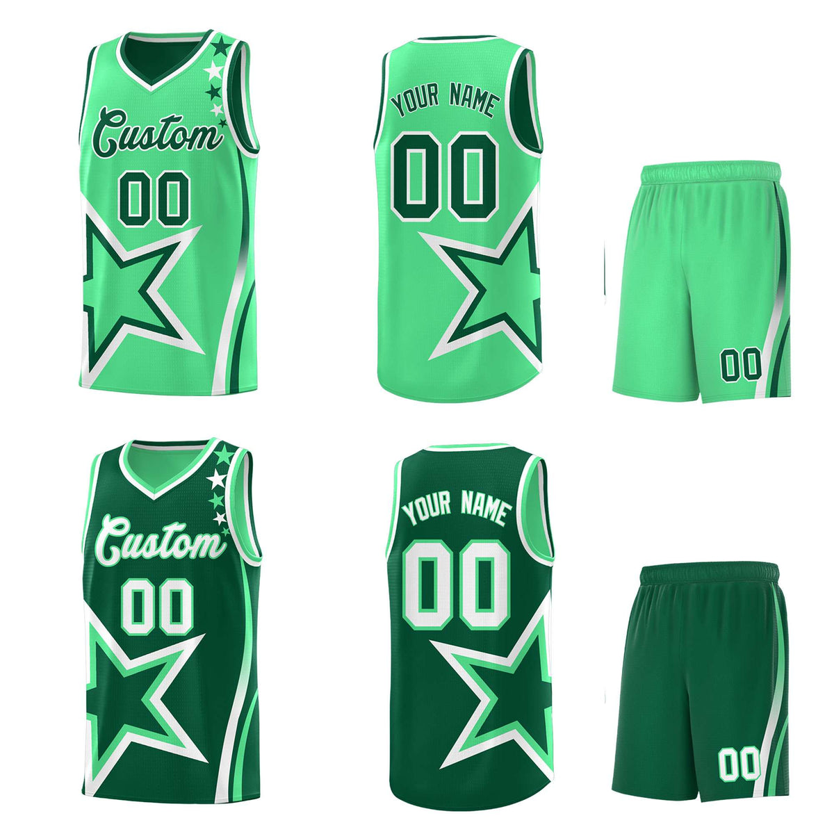 Custom Green Light Green Reversible Color Block Start Pattern Sports Uniform Basketball Jersey Kits