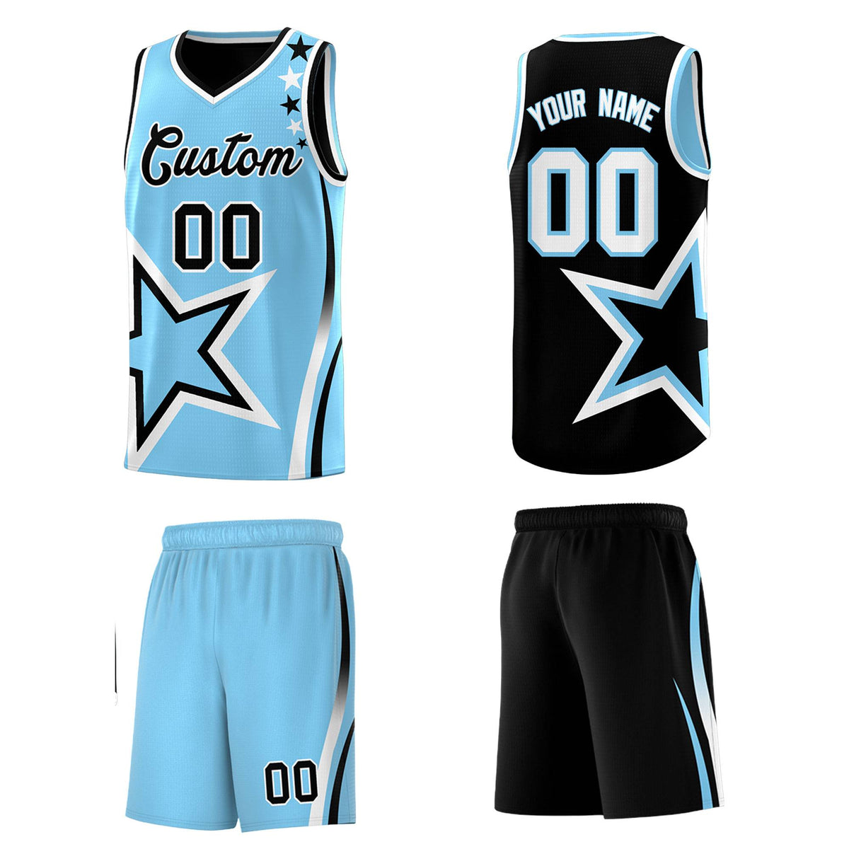 Custom Black Powder Blue Reversible Color Block Start Pattern Sports Uniform Basketball Jersey Kits
