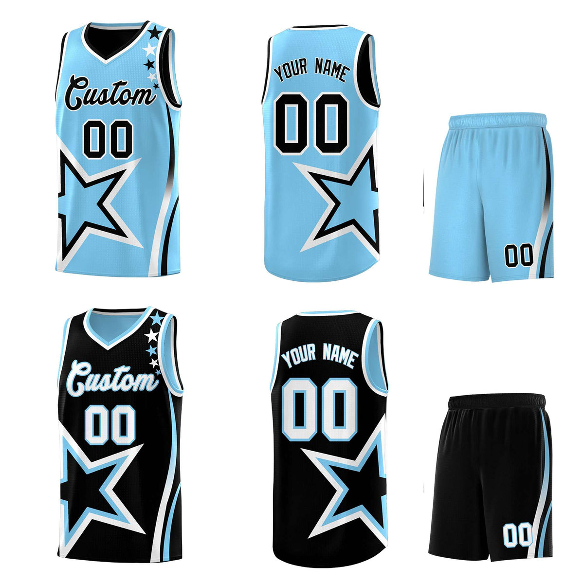 Custom Black Powder Blue Reversible Color Block Start Pattern Sports Uniform Basketball Jersey Kits