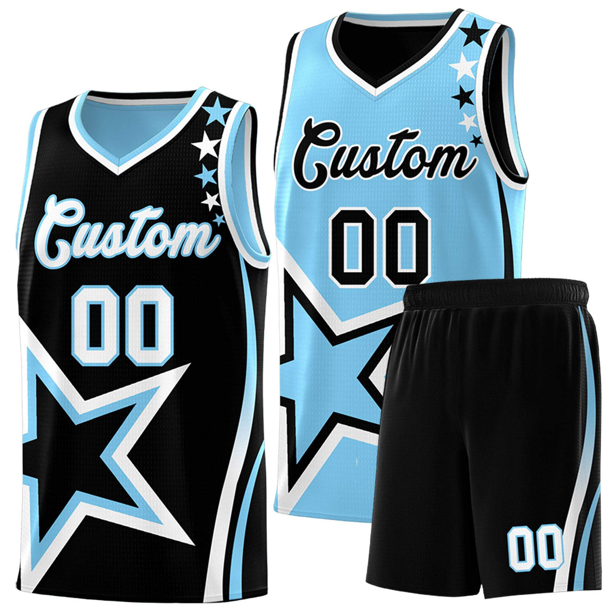 Custom Black Powder Blue Reversible Color Block Start Pattern Sports Uniform Basketball Jersey Kits