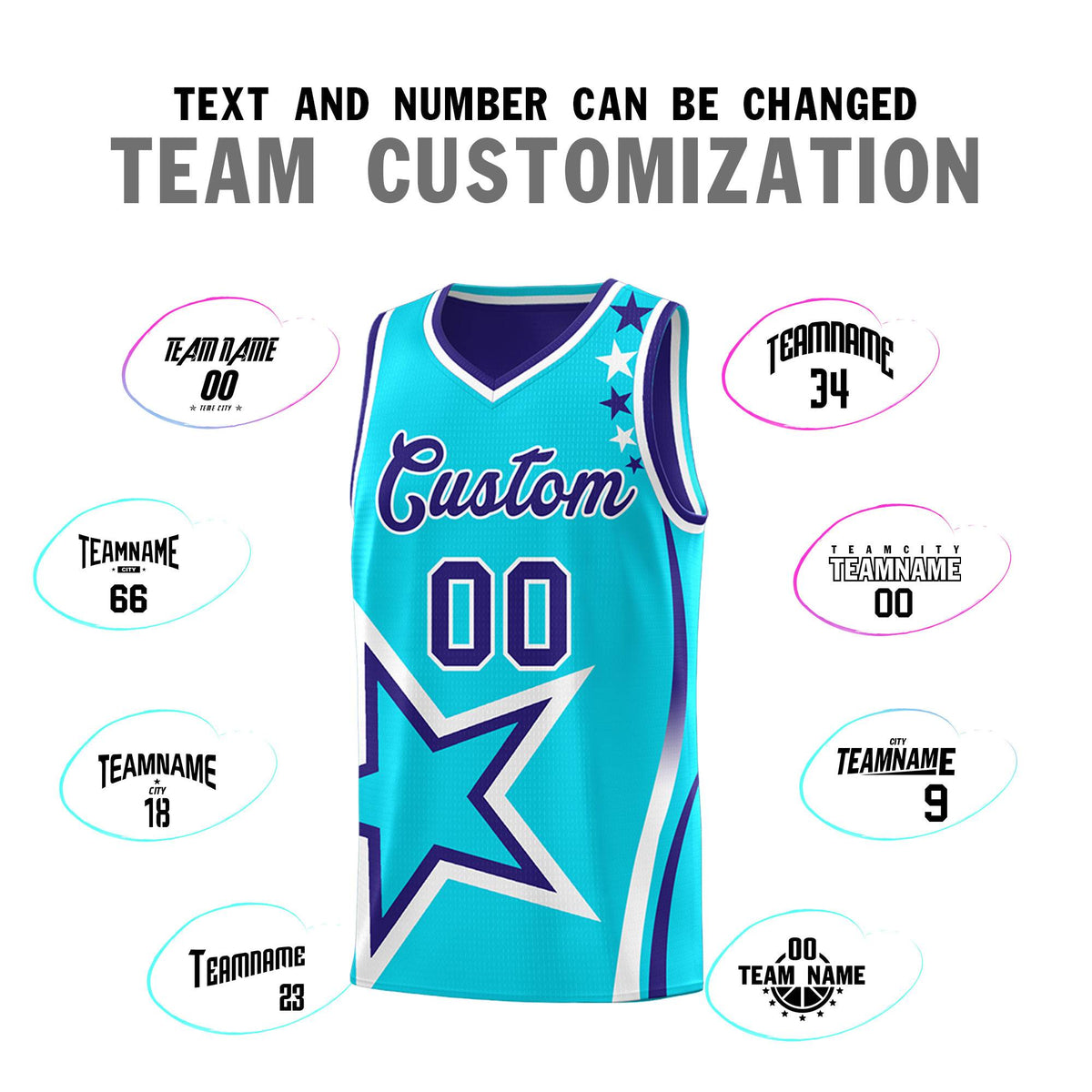 Custom Royal Light Blue Reversible Color Block Start Pattern Sports Uniform Basketball Jersey Kits