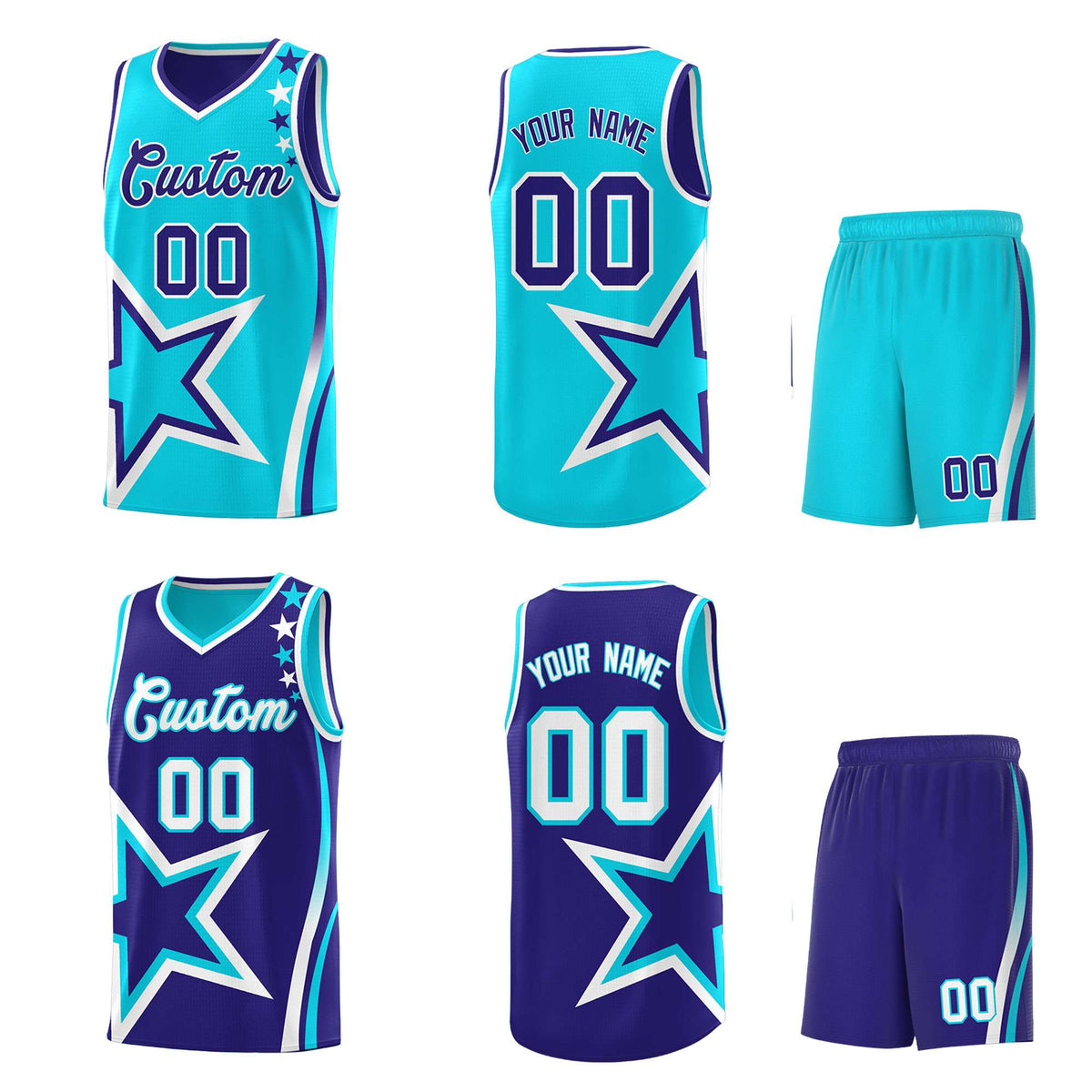 Custom Royal Light Blue Reversible Color Block Start Pattern Sports Uniform Basketball Jersey Kits