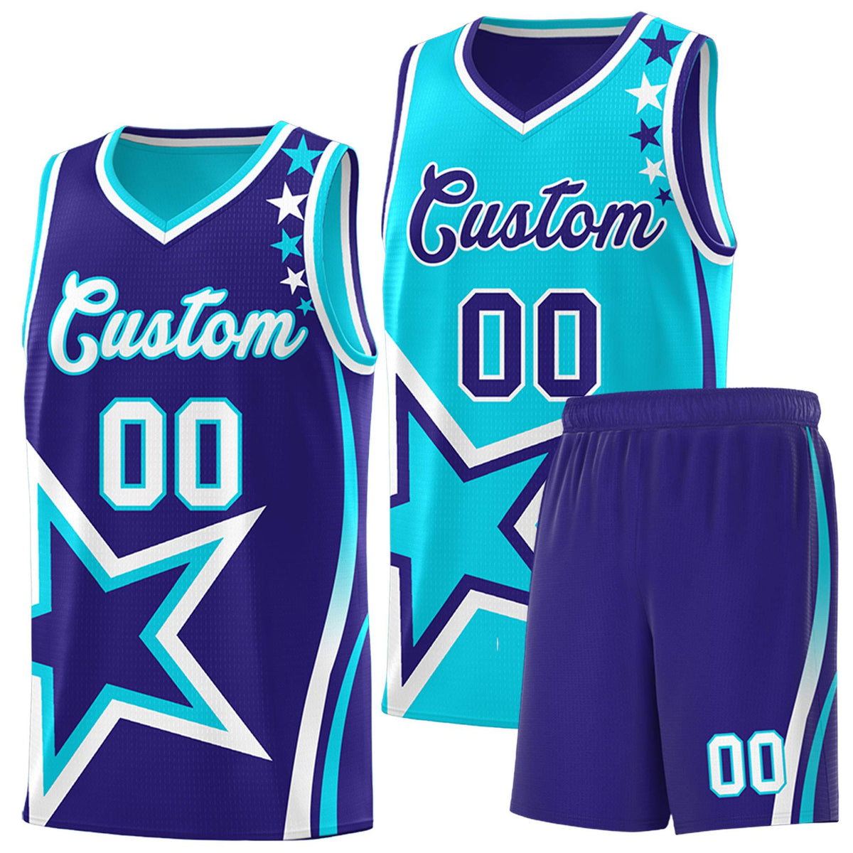 Custom Royal Light Blue Reversible Color Block Start Pattern Sports Uniform Basketball Jersey Kits