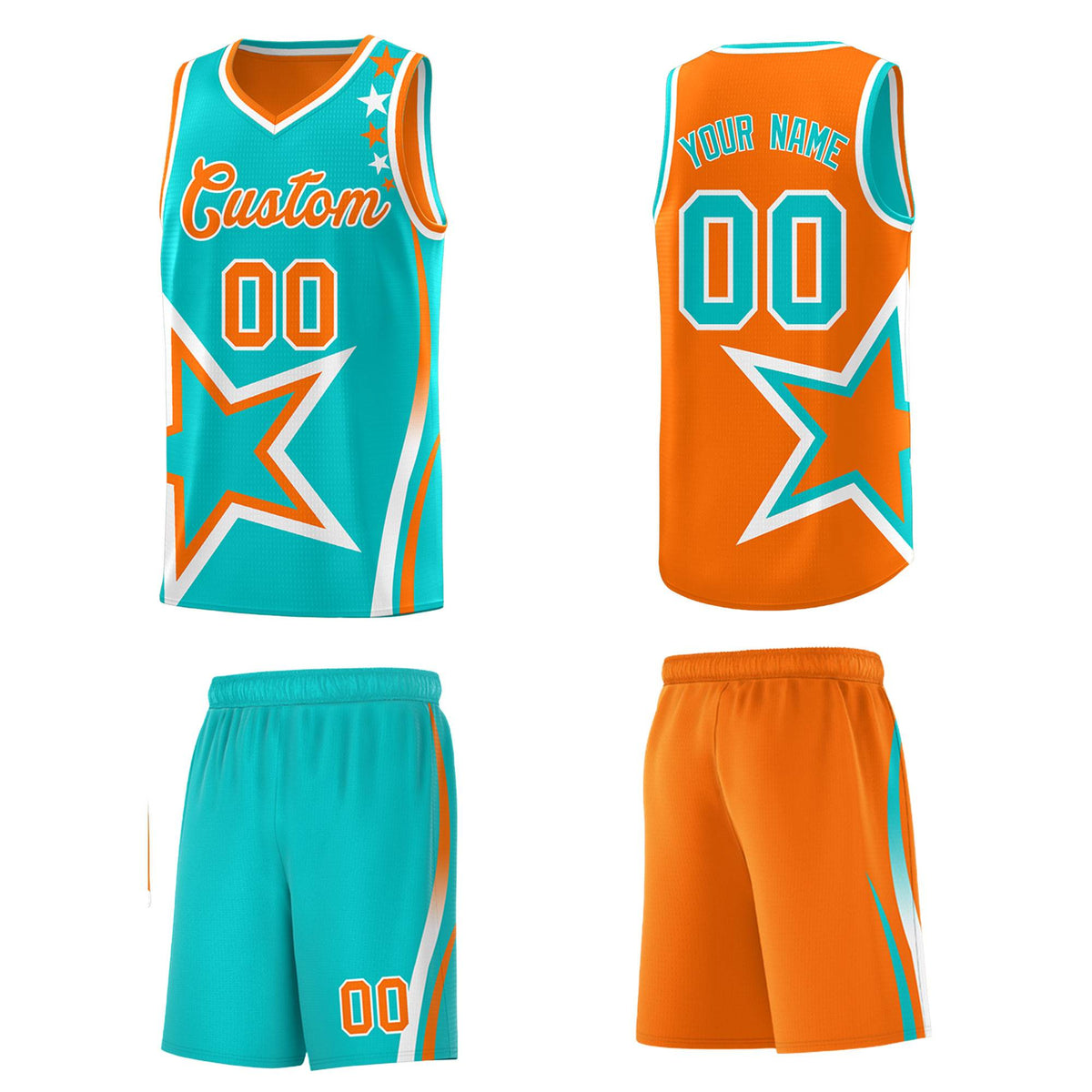 Custom Orange Bright Green Reversible Color Block Start Pattern Sports Uniform Basketball Jersey Kits
