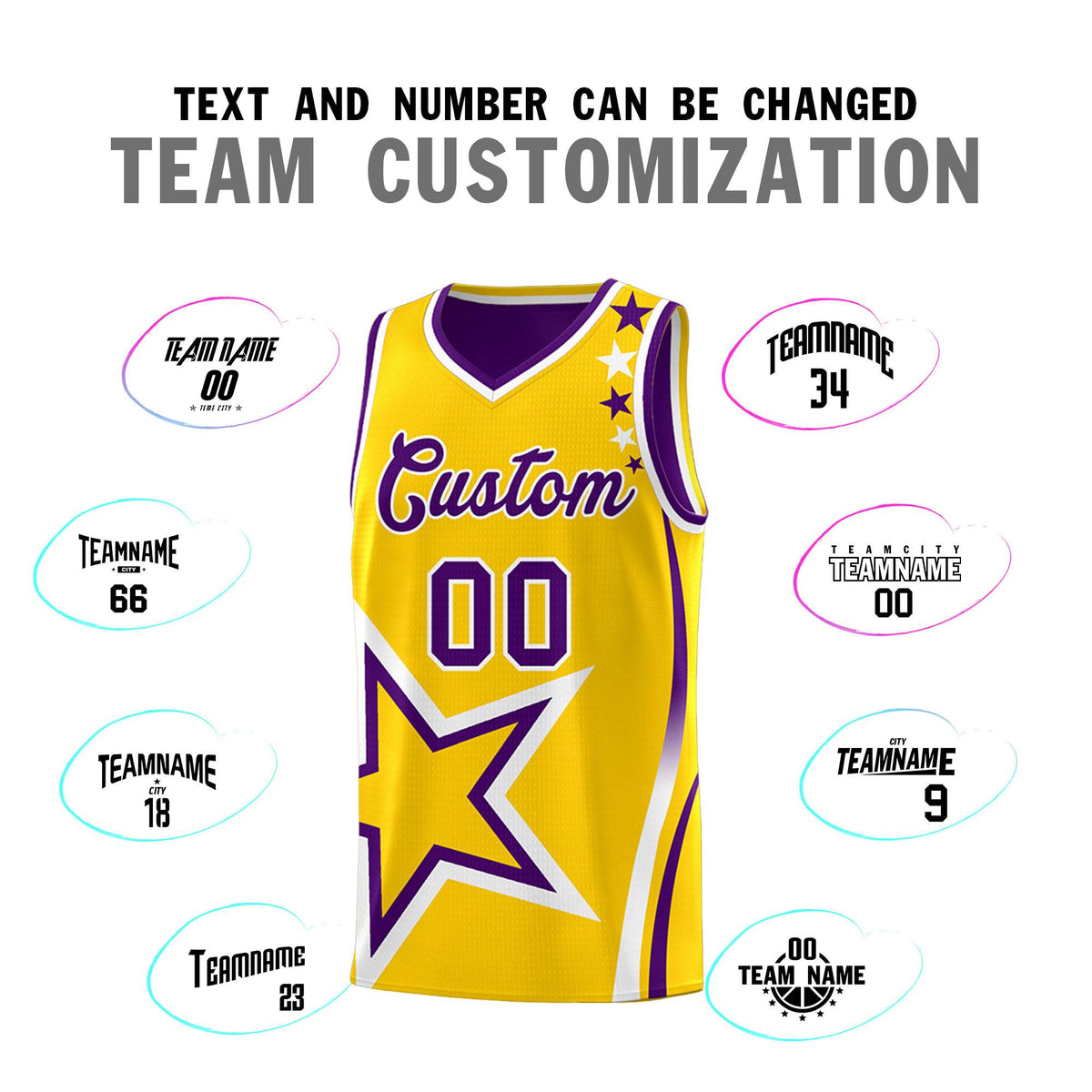 Custom Purple Gold Reversible Color Block Start Pattern Sports Uniform Basketball Jersey Kits