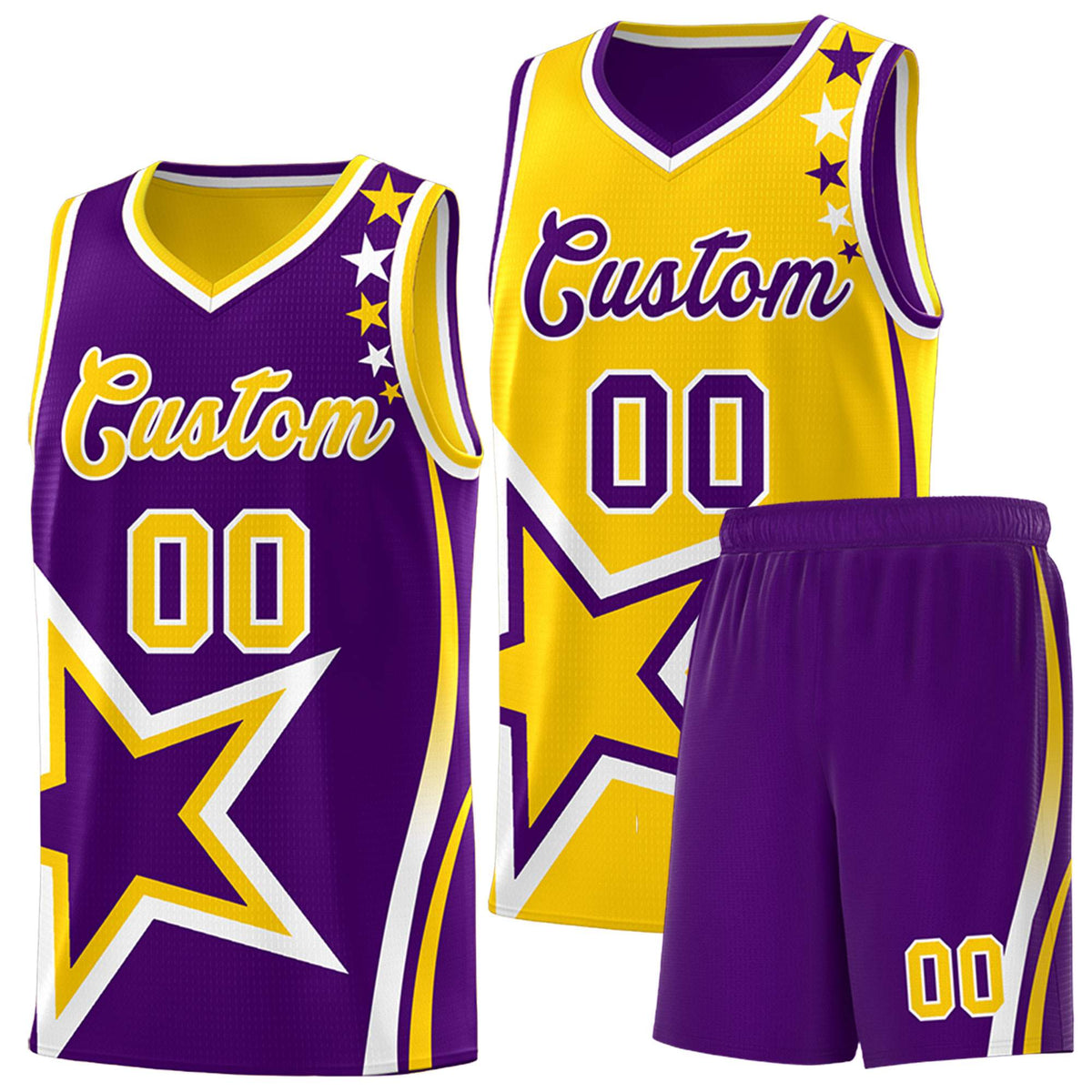 Custom Purple Gold Reversible Color Block Start Pattern Sports Uniform Basketball Jersey Kits