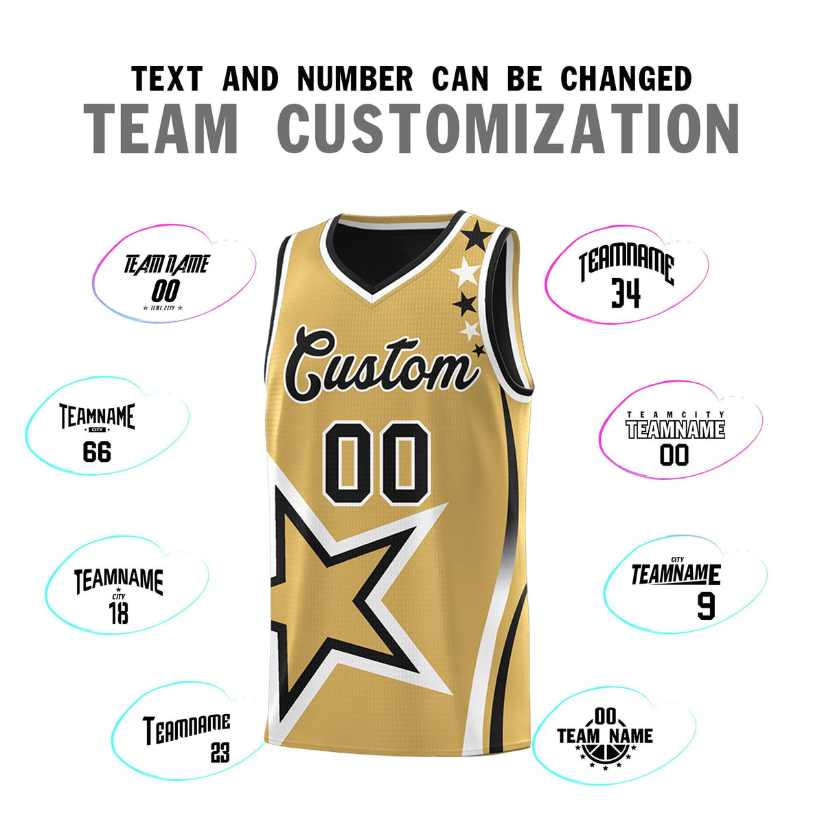 Custom Black Old Gold Reversible Color Block Start Pattern Sports Uniform Basketball Jersey Kits