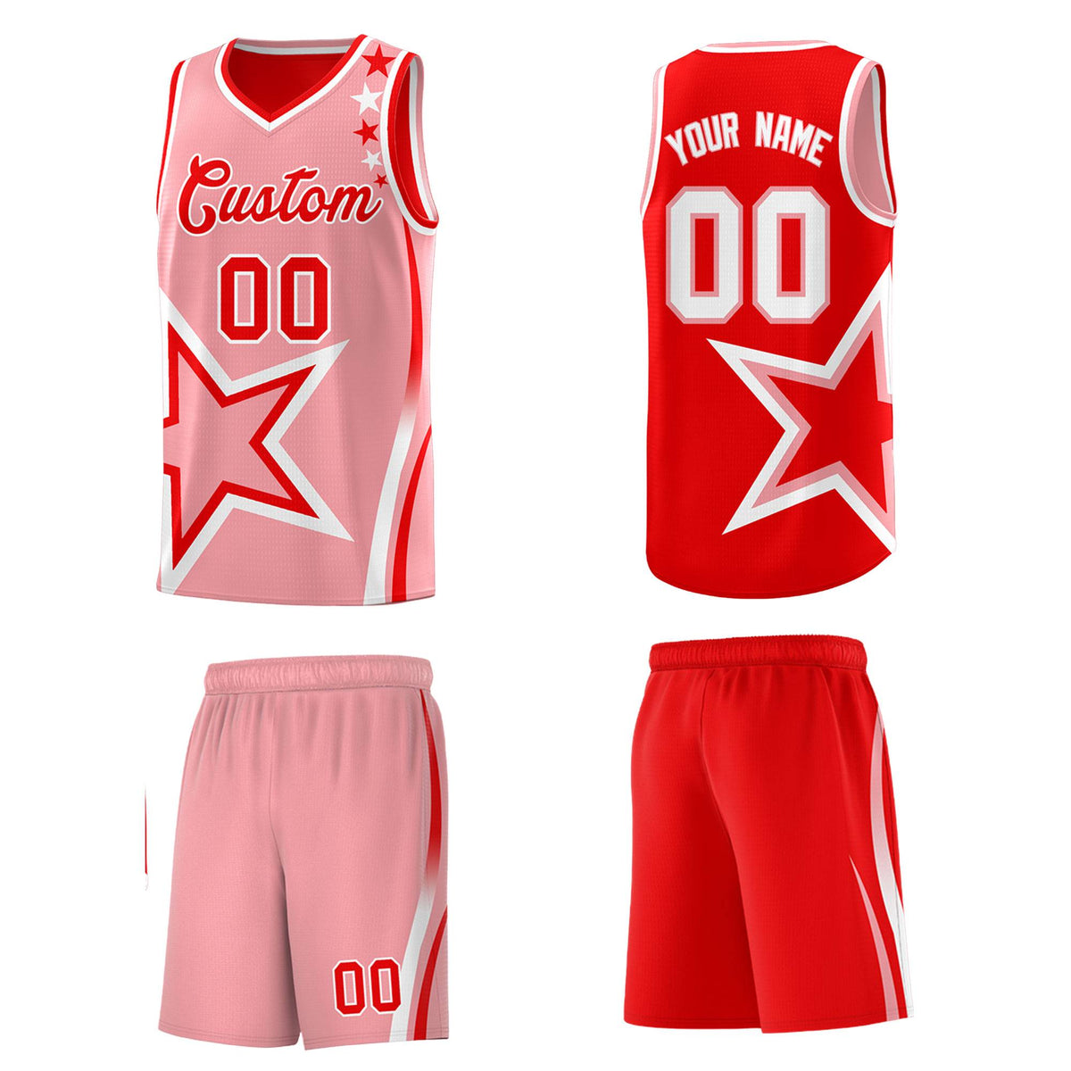 Custom Red Light Red Reversible Color Block Start Pattern Sports Uniform Basketball Jersey Kits