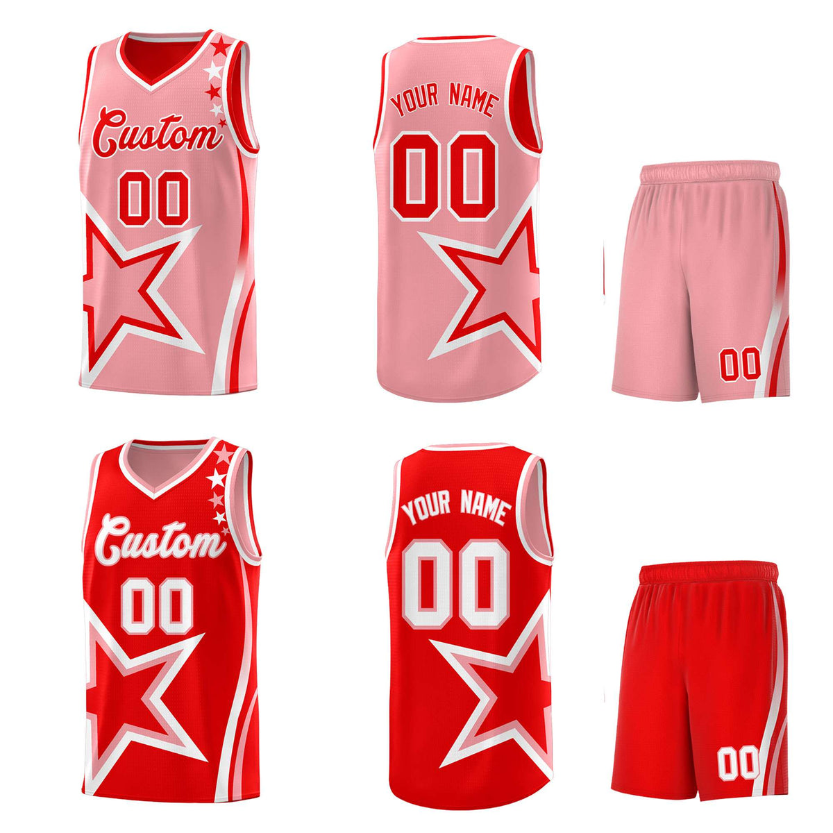 Custom Red Light Red Reversible Color Block Start Pattern Sports Uniform Basketball Jersey Kits