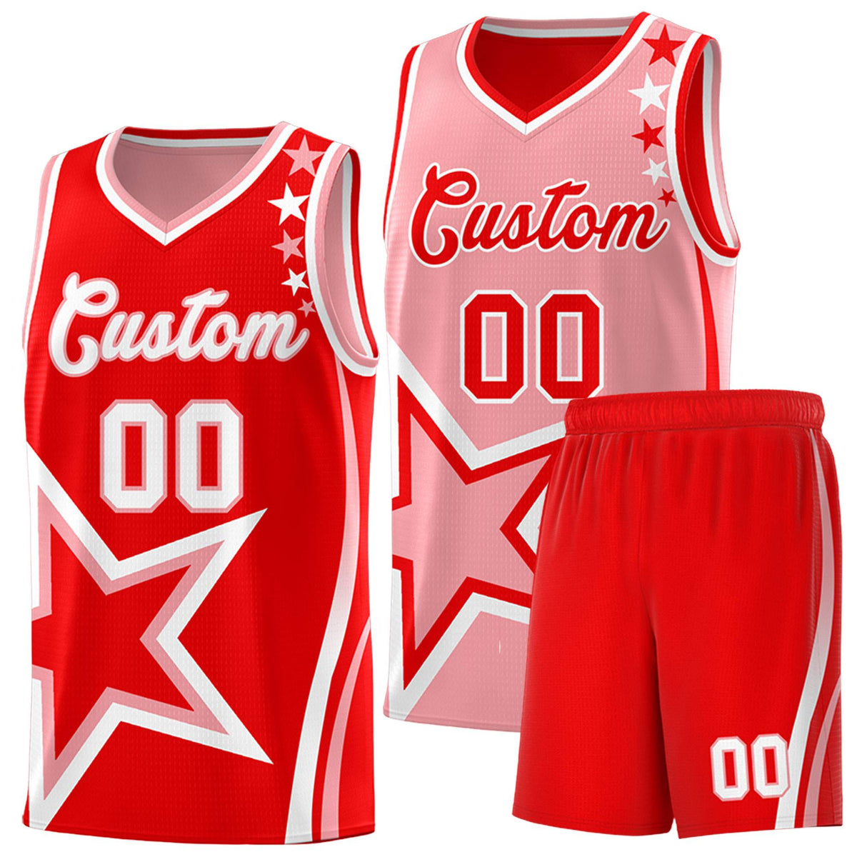 Custom Red Light Red Reversible Color Block Start Pattern Sports Uniform Basketball Jersey Kits