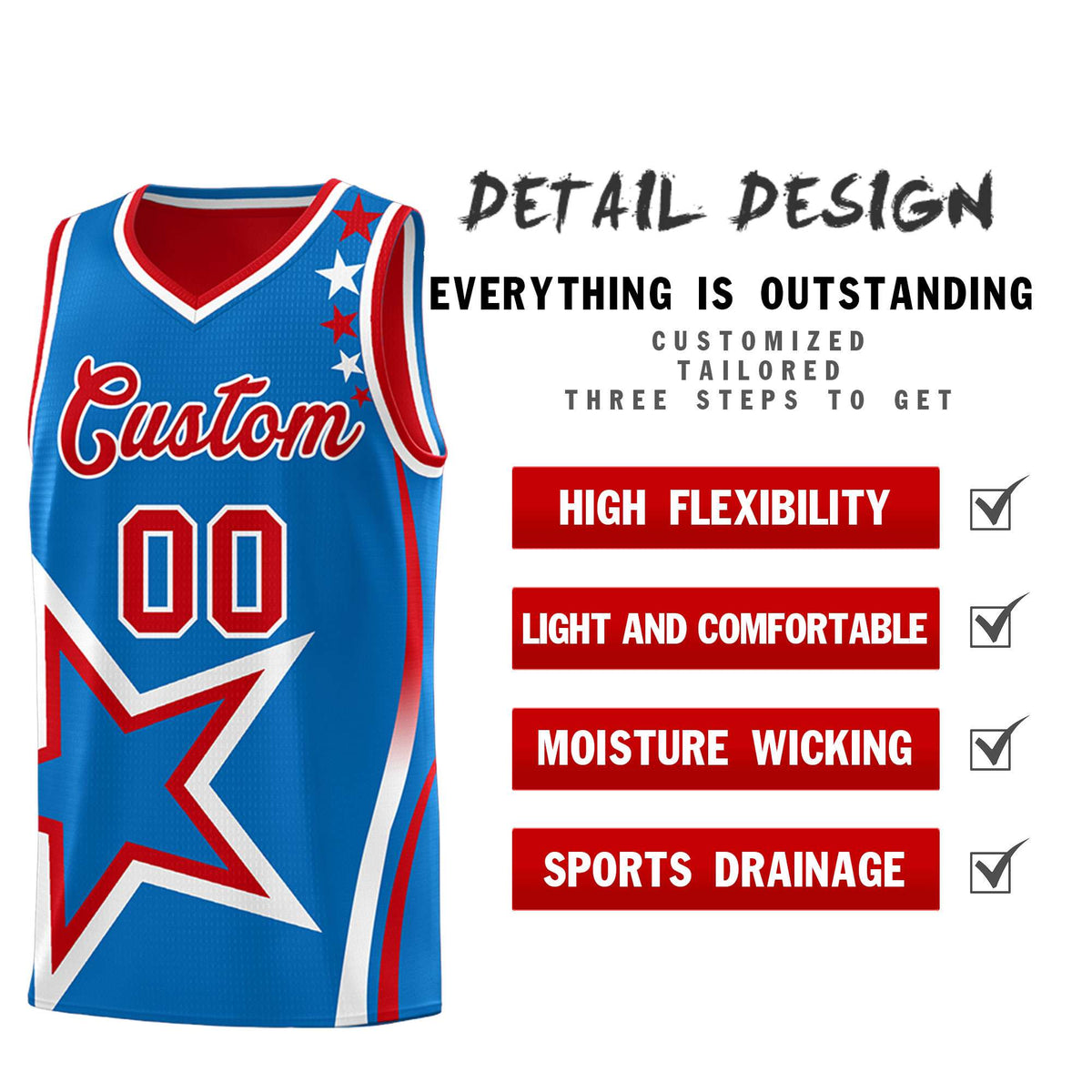 Custom Red Royal Reversible Color Block Start Pattern Sports Uniform Basketball Jersey Kits