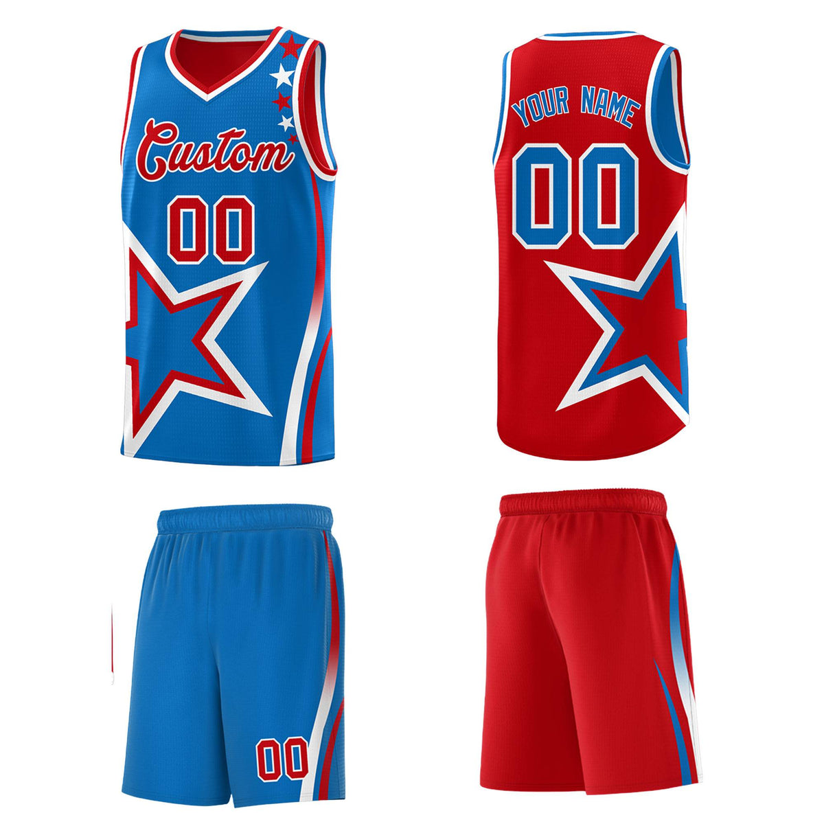 Custom Red Royal Reversible Color Block Start Pattern Sports Uniform Basketball Jersey Kits