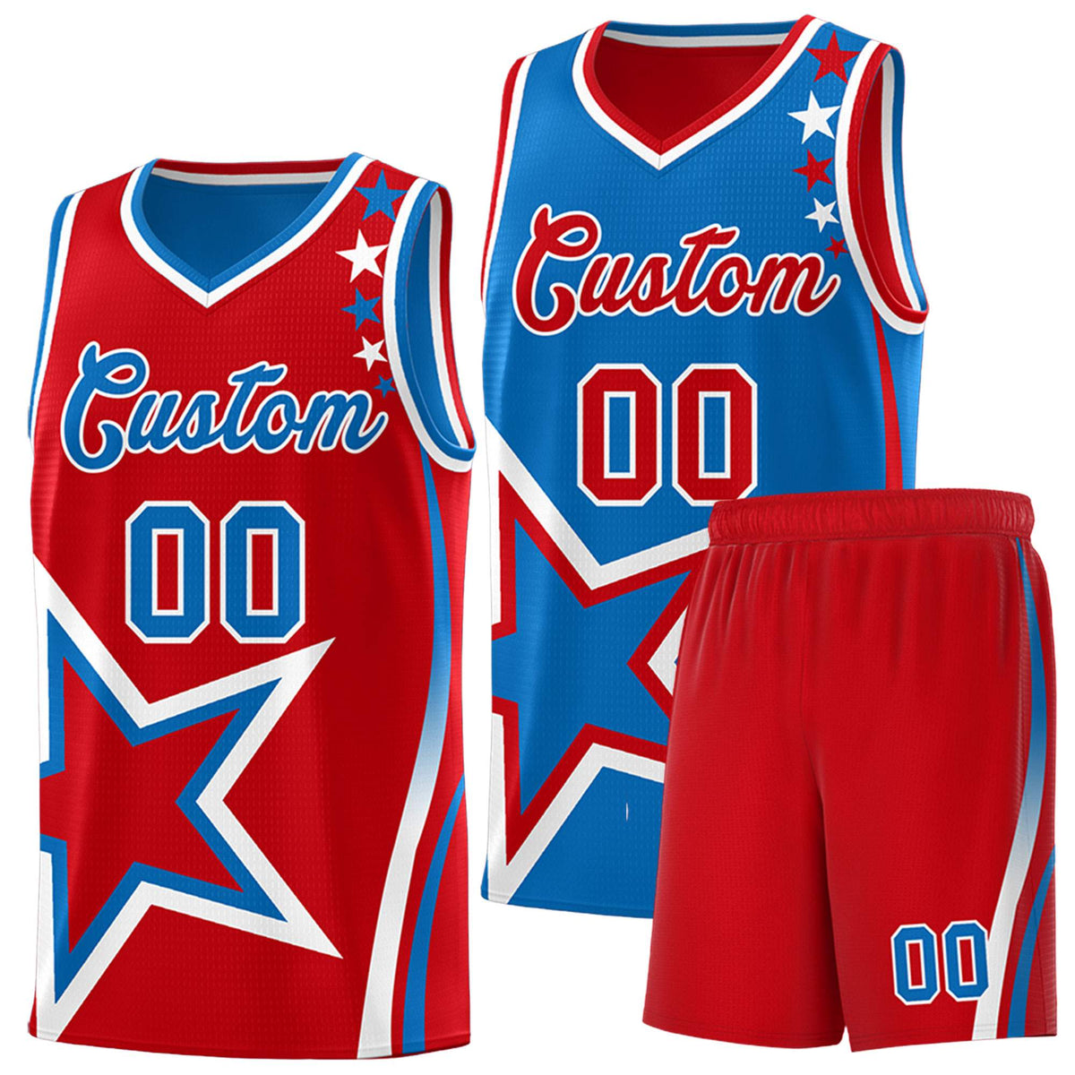 Custom Red Royal Reversible Color Block Start Pattern Sports Uniform Basketball Jersey Kits