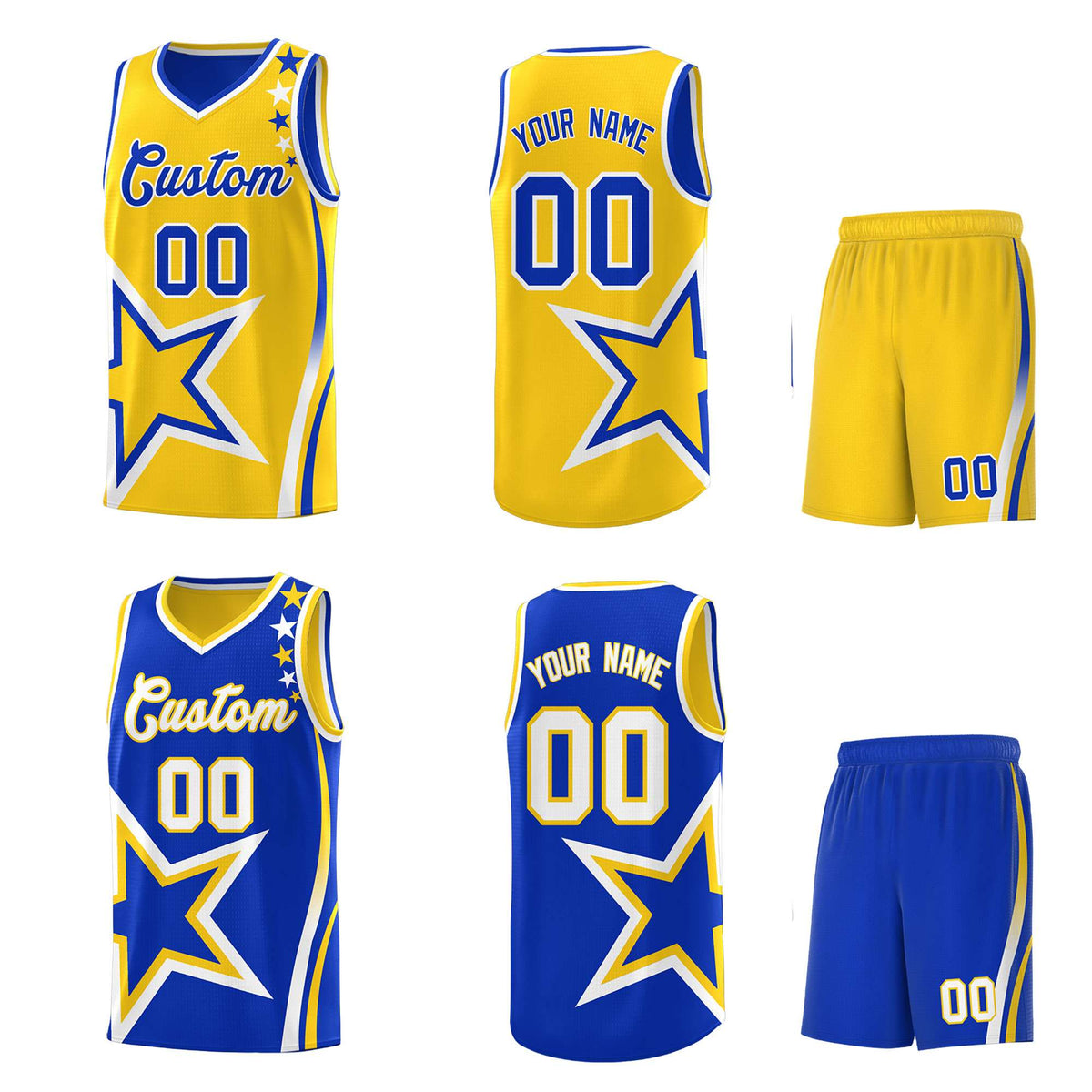 Custom Royal Gold Reversible Color Block Start Pattern Sports Uniform Basketball Jersey Kits