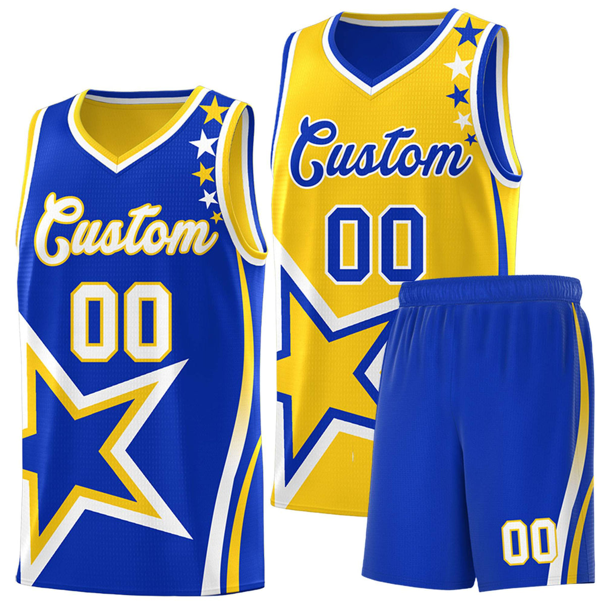 Custom Royal Gold Reversible Color Block Start Pattern Sports Uniform Basketball Jersey Kits