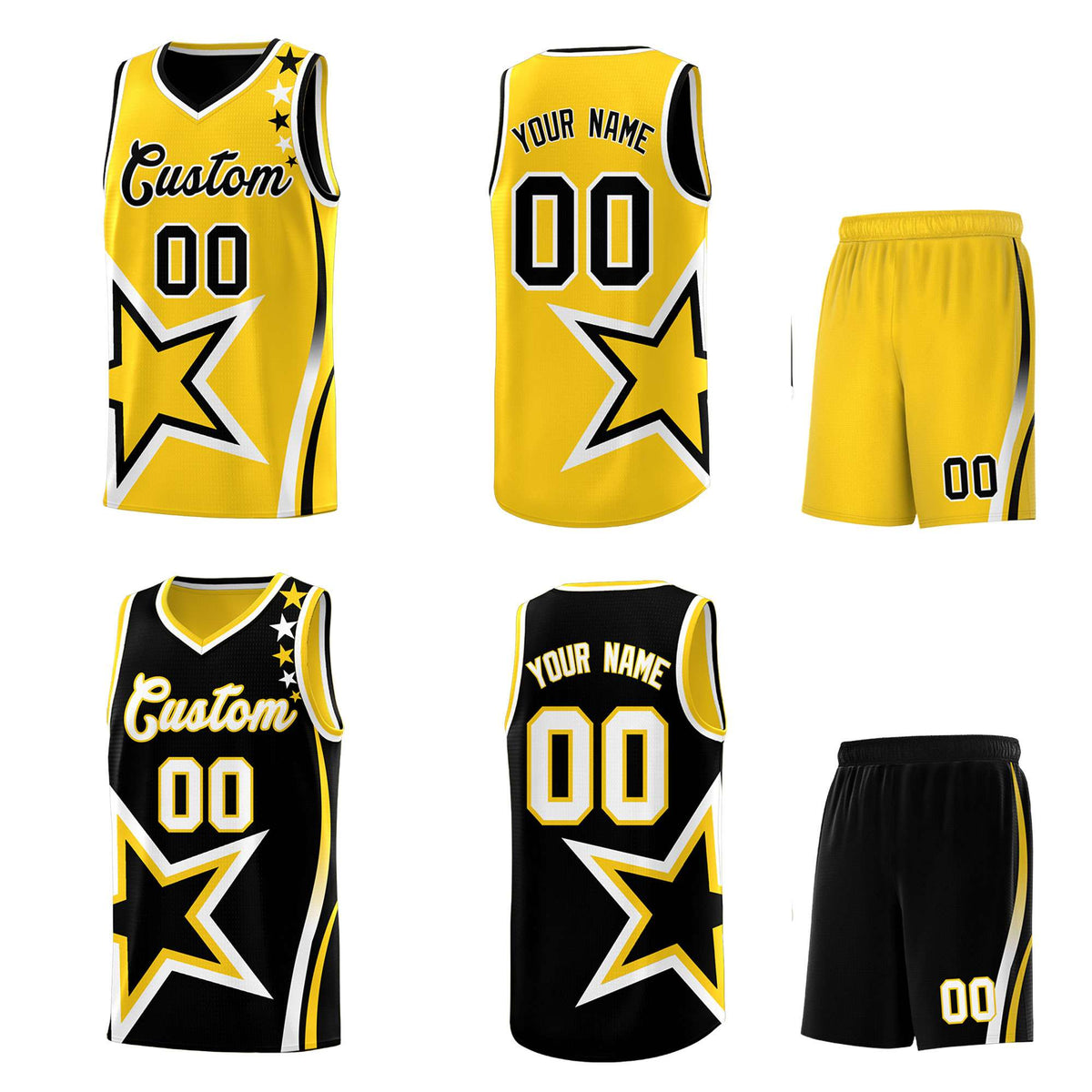 Custom Black Gold Reversible Color Block Start Pattern Sports Uniform Basketball Jersey Kits