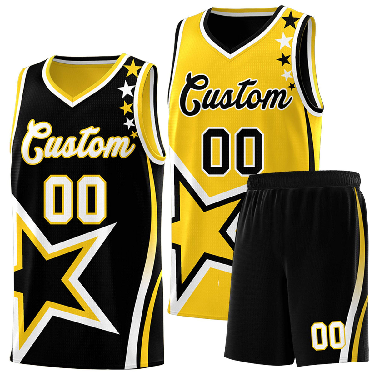 Custom Black Gold Reversible Color Block Start Pattern Sports Uniform Basketball Jersey Kits