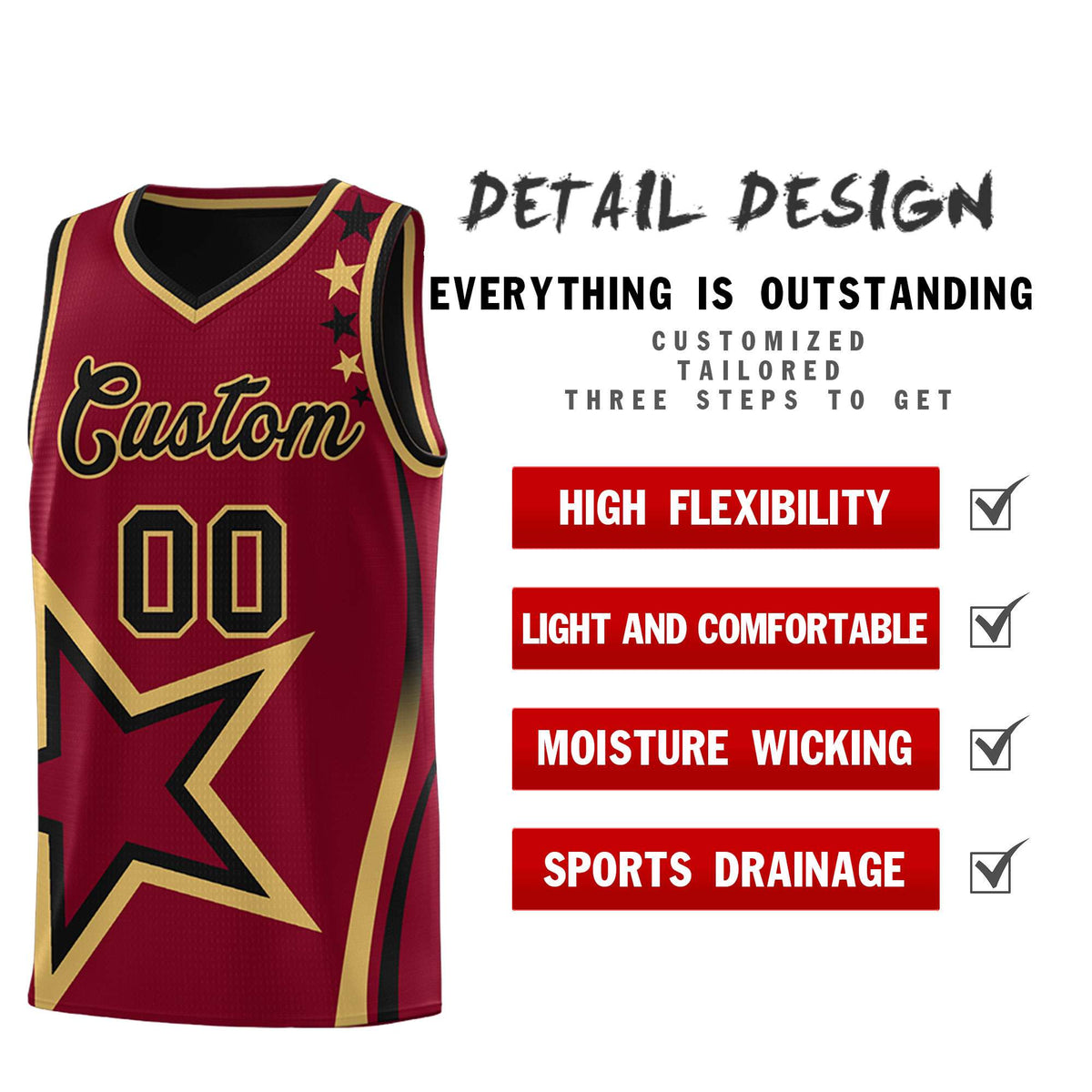 Custom Black Crimson Reversible Color Block Start Pattern Sports Uniform Basketball Jersey Kits