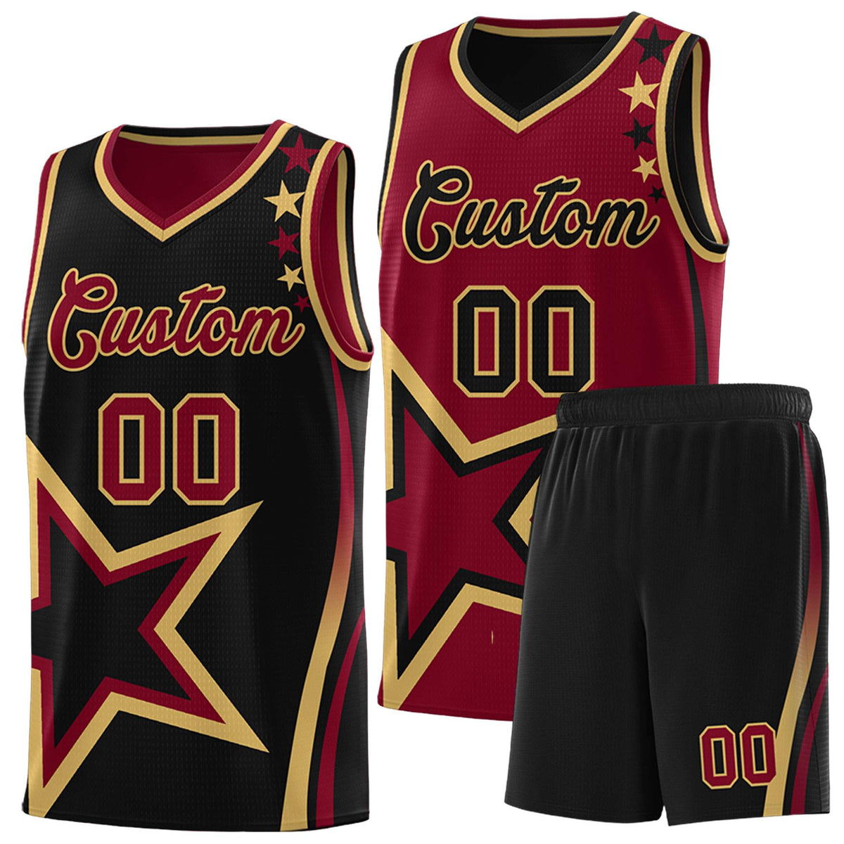 Custom Black Crimson Reversible Color Block Start Pattern Sports Uniform Basketball Jersey Kits