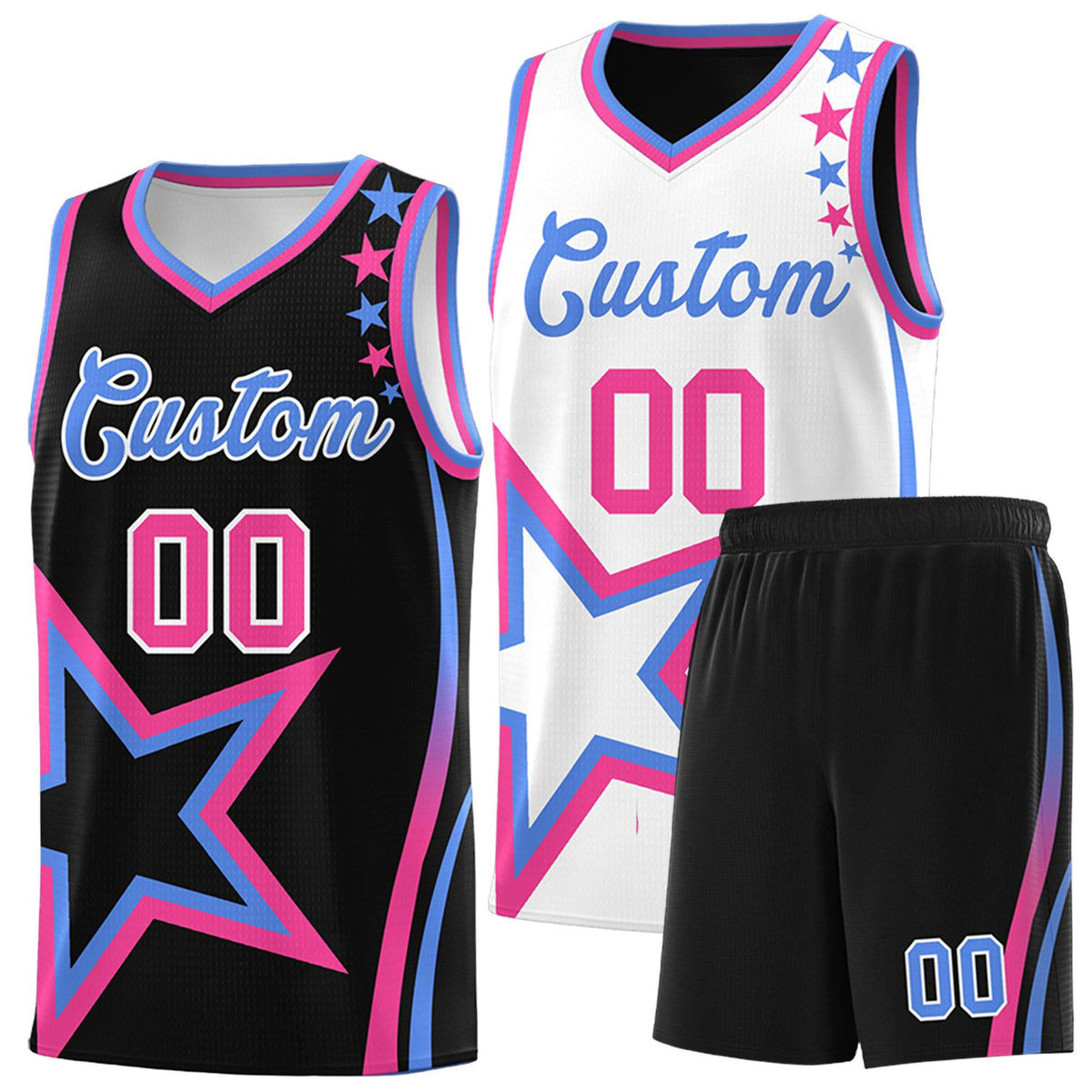 Custom Black White Reversible Color Block Start Pattern Sports Uniform Basketball Jersey Kits