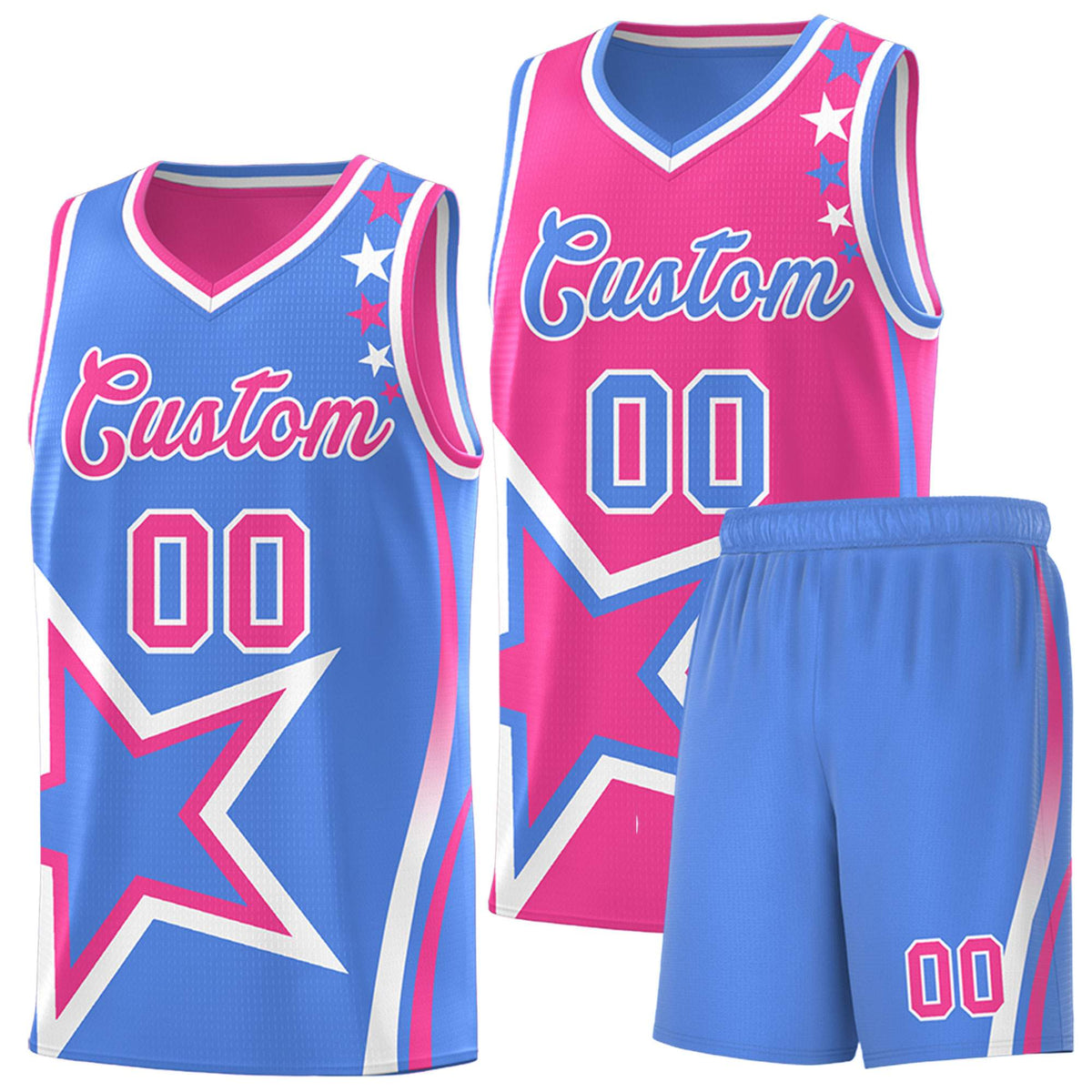 Custom Light Blue Pink Reversible Color Block Start Pattern Sports Uniform Basketball Jersey Kits