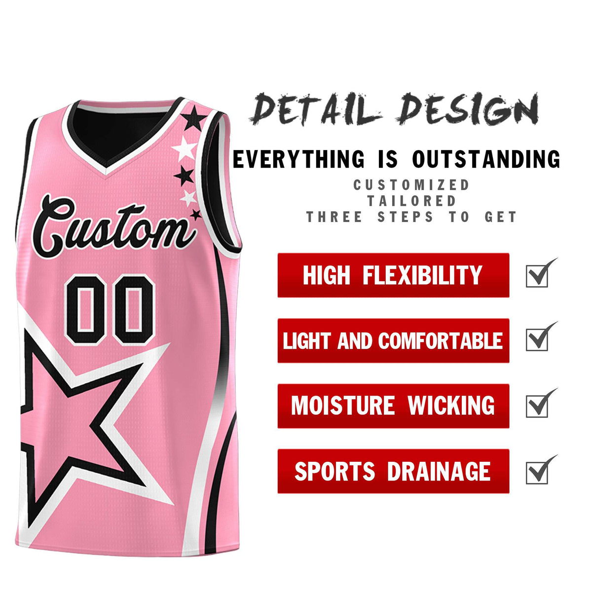 Custom Black Light Pink Reversible Color Block Start Pattern Sports Uniform Basketball Jersey Kits