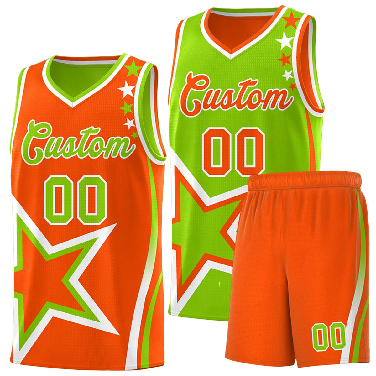 Custom Orange Neon Green Reversible Color Block Start Pattern Sports Uniform Basketball Jersey Kits