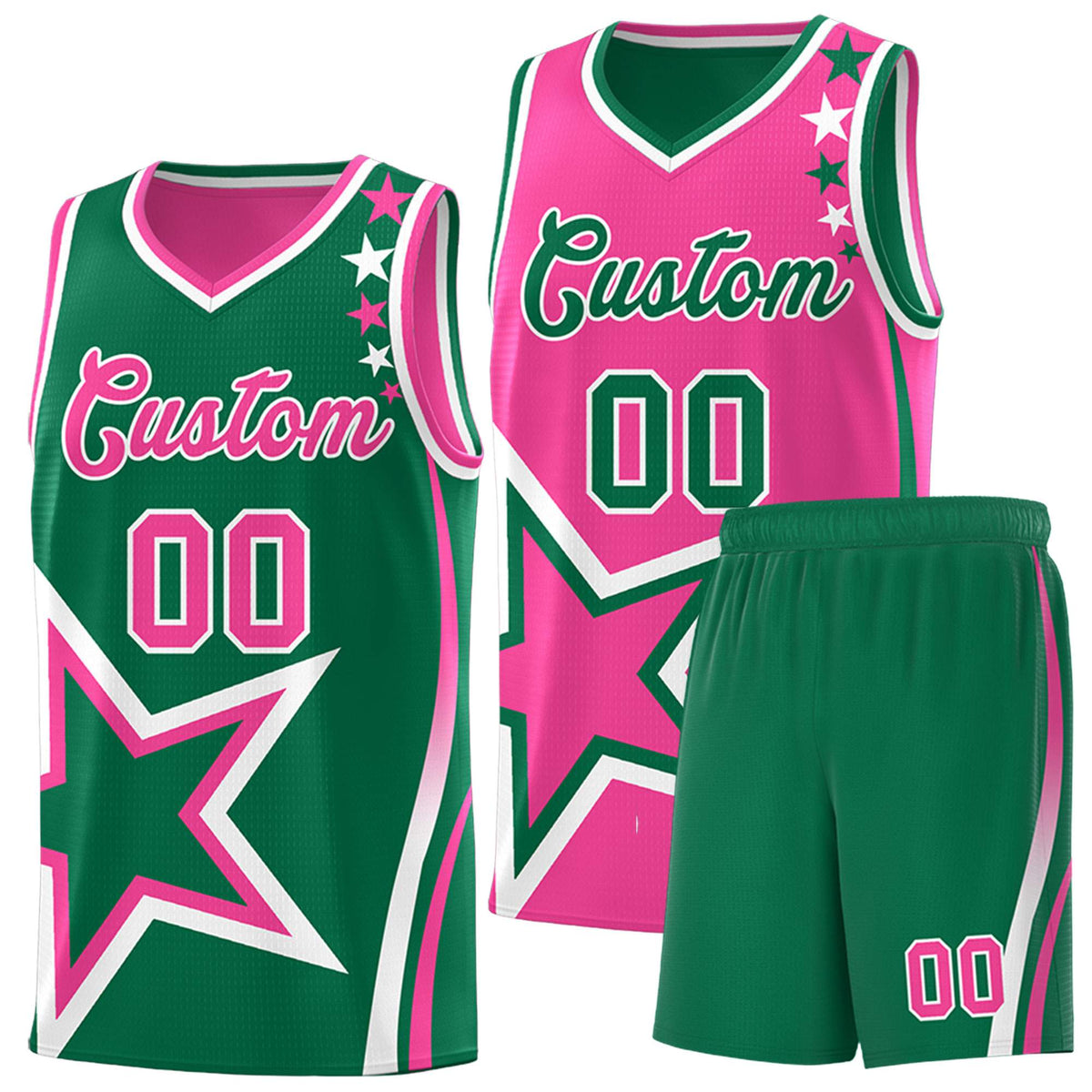 Custom Kelly Green Pink Reversible Color Block Start Pattern Sports Uniform Basketball Jersey Kits