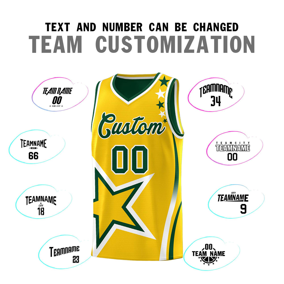 Custom Green Gold Reversible Color Block Start Pattern Sports Uniform Basketball Jersey Kits