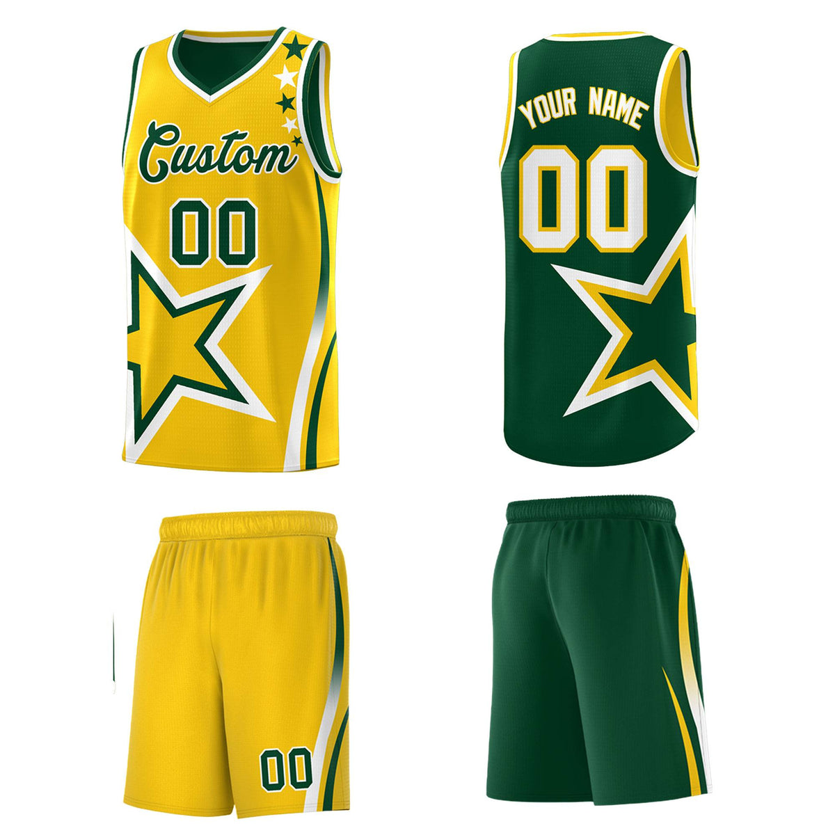 Custom Green Gold Reversible Color Block Start Pattern Sports Uniform Basketball Jersey Kits