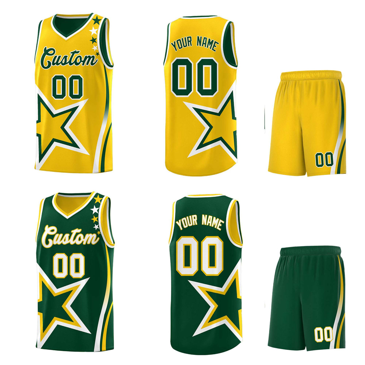 Custom Green Gold Reversible Color Block Start Pattern Sports Uniform Basketball Jersey Kits