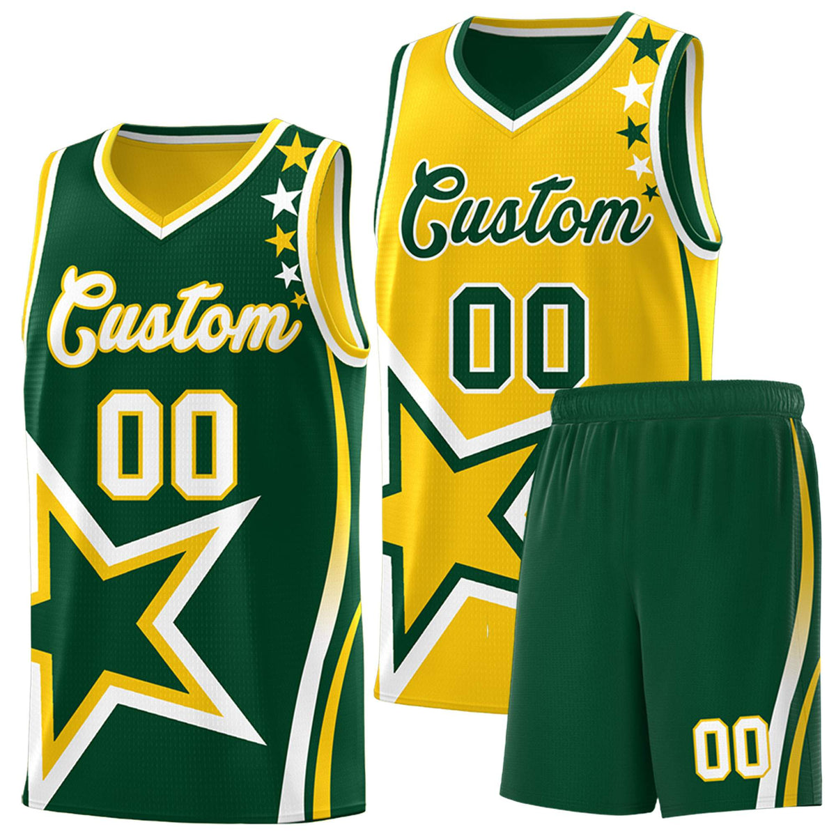 Custom Green Gold Reversible Color Block Start Pattern Sports Uniform Basketball Jersey Kits