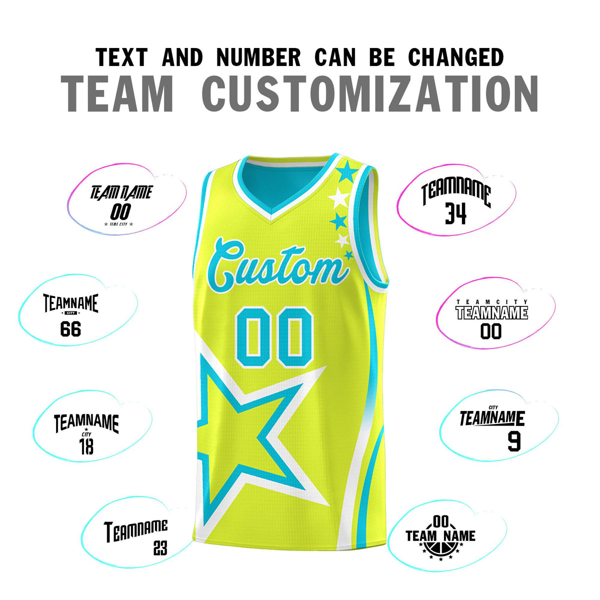 Custom Sky Blue Fluorescent Green Reversible Color Block Start Pattern Sports Uniform Basketball Jersey Kits